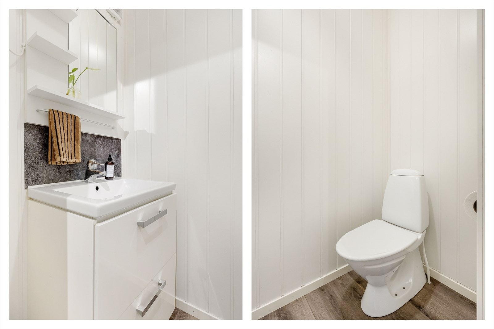 Fra entré er det tilkomst til boligens wc i 1.etasje. Rommet er innredet med laminat gulv og panelplater på vegger. Det er toalett og servant med innredning, samt mekanisk avtrekk. Galleribilde