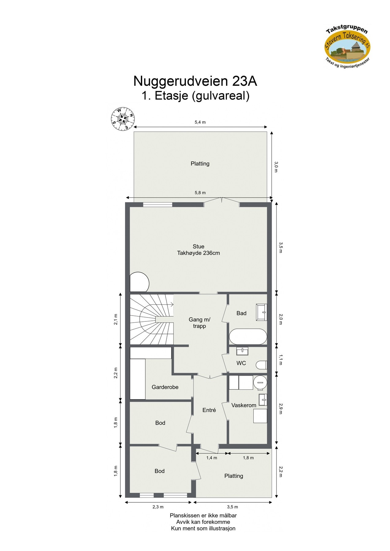 Plantegning 1.etasje. Det er avvik fra originale godkjente byggetegninger. Stuen er opprinnelig 2 soverom. Galleribilde