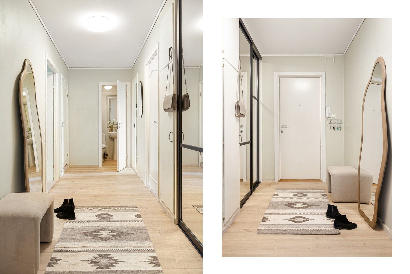 I gangen er det en flott skyvedørsgarderobe med sorte detaljer. Galleribilde
