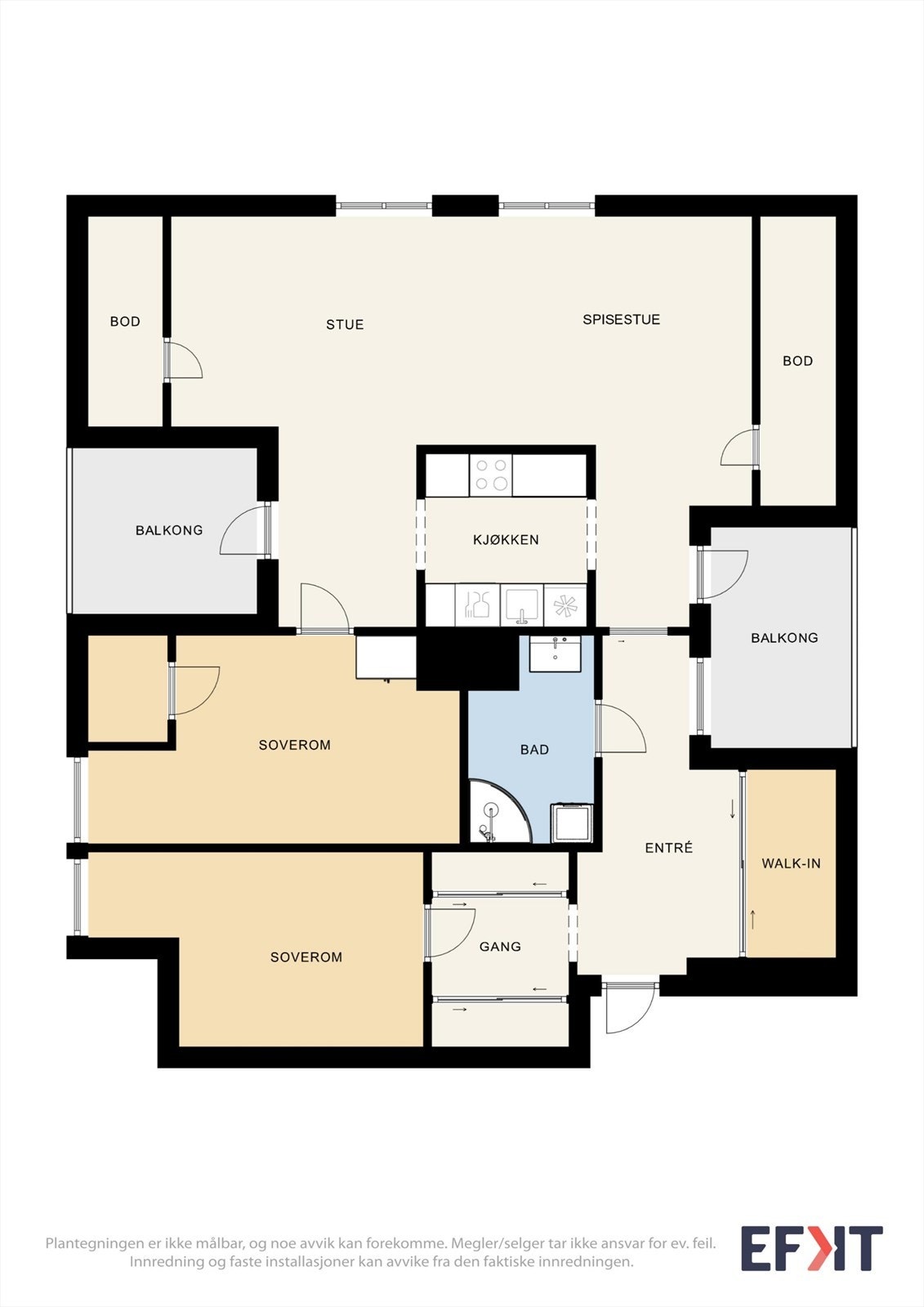 Planløsningen fordeler seg over 87 m² og inneholder entré, to soverom, bad og en åpen sone for stue og kjøkken. Galleribilde