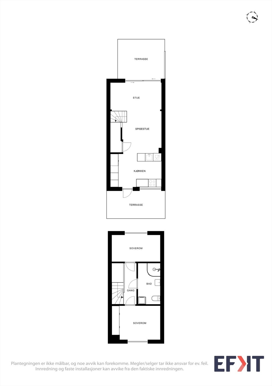 Leiligheten går over to plan med en arealeffektiv planløsning som skiller de sosiale sonene i første etasje fra de private rommene i andre. Galleribilde