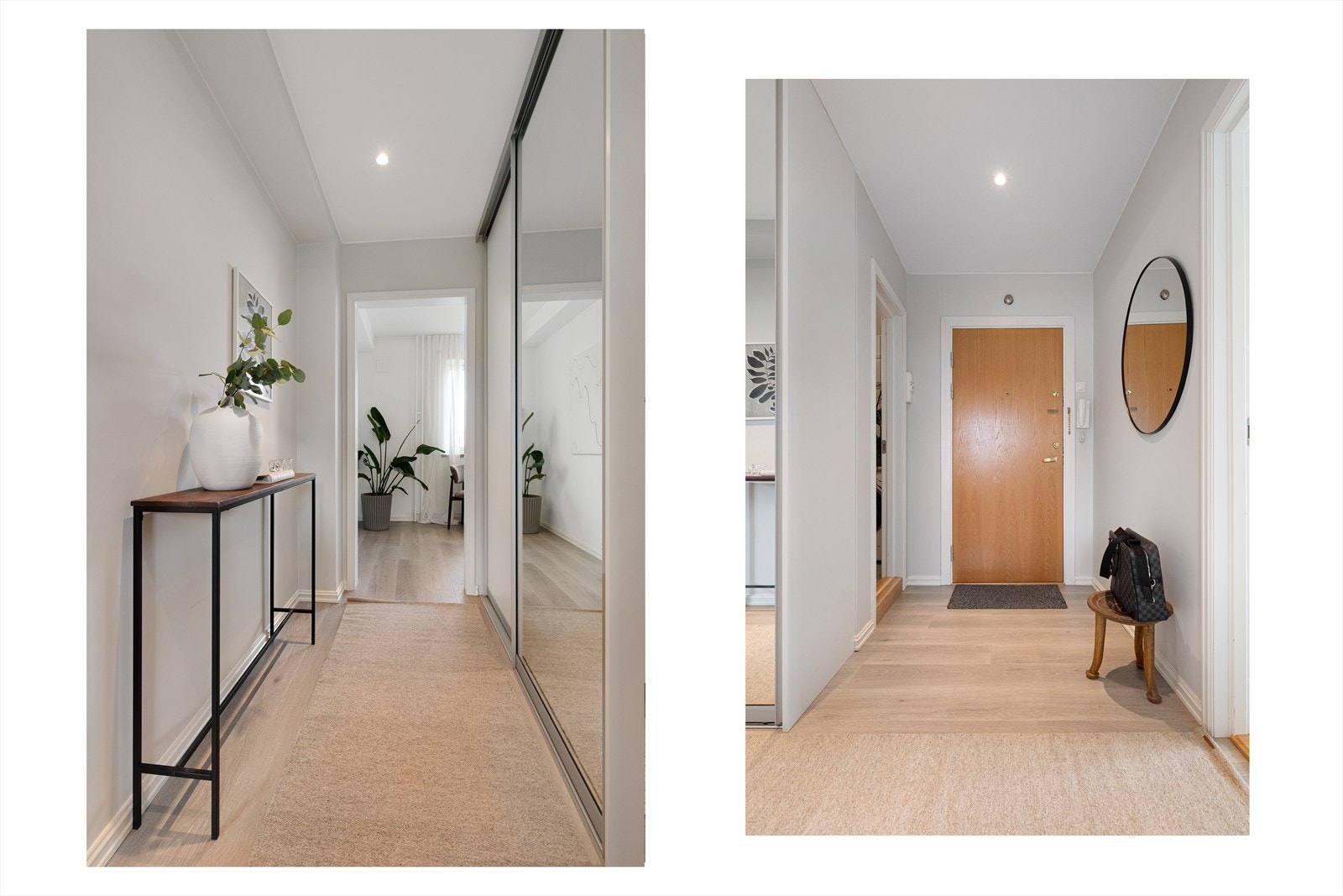 Gangen har gode oppbevaringsmuligheter med plass til både knaggrekke eller hylleløsning for yttertøy, samt et praktisk skyvedørsgarderobe med god lagringsplass. Galleribilde