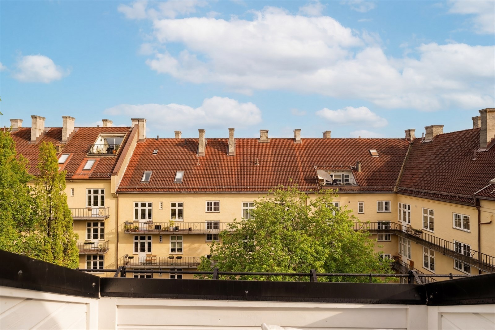 Fra takterrassen er det utsikt over den rolige bakgården, midt på populære Torshov. Bildet er AI redigert. Galleribilde