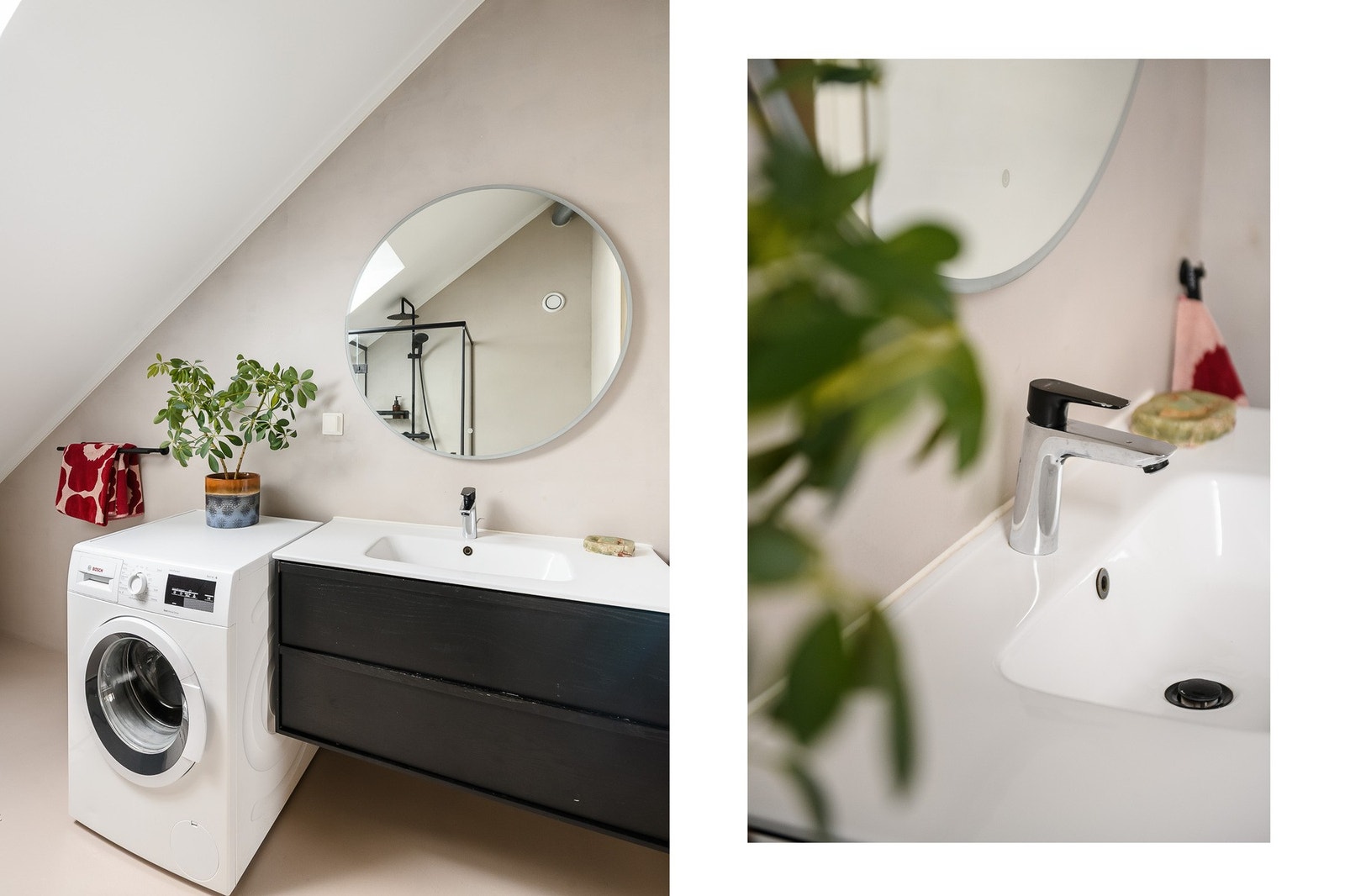Badet har et moderne uttrykk og badegulvet ble fornyet med mikrosement i 2026. Galleribilde