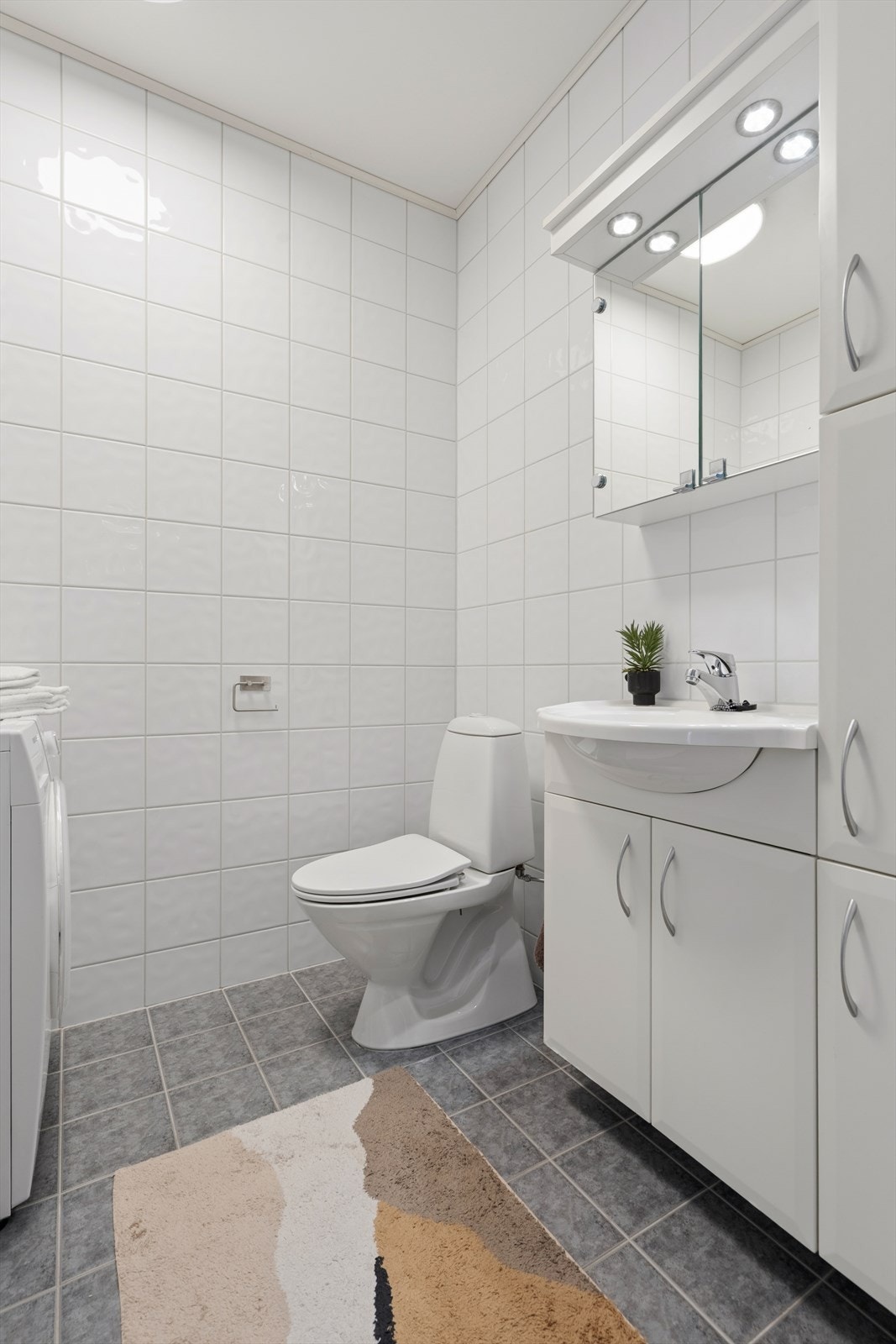 Innredningen består av en nedfelt servant, toalett, dusjhjørne og opplegg for vaskemaskin. Galleribilde