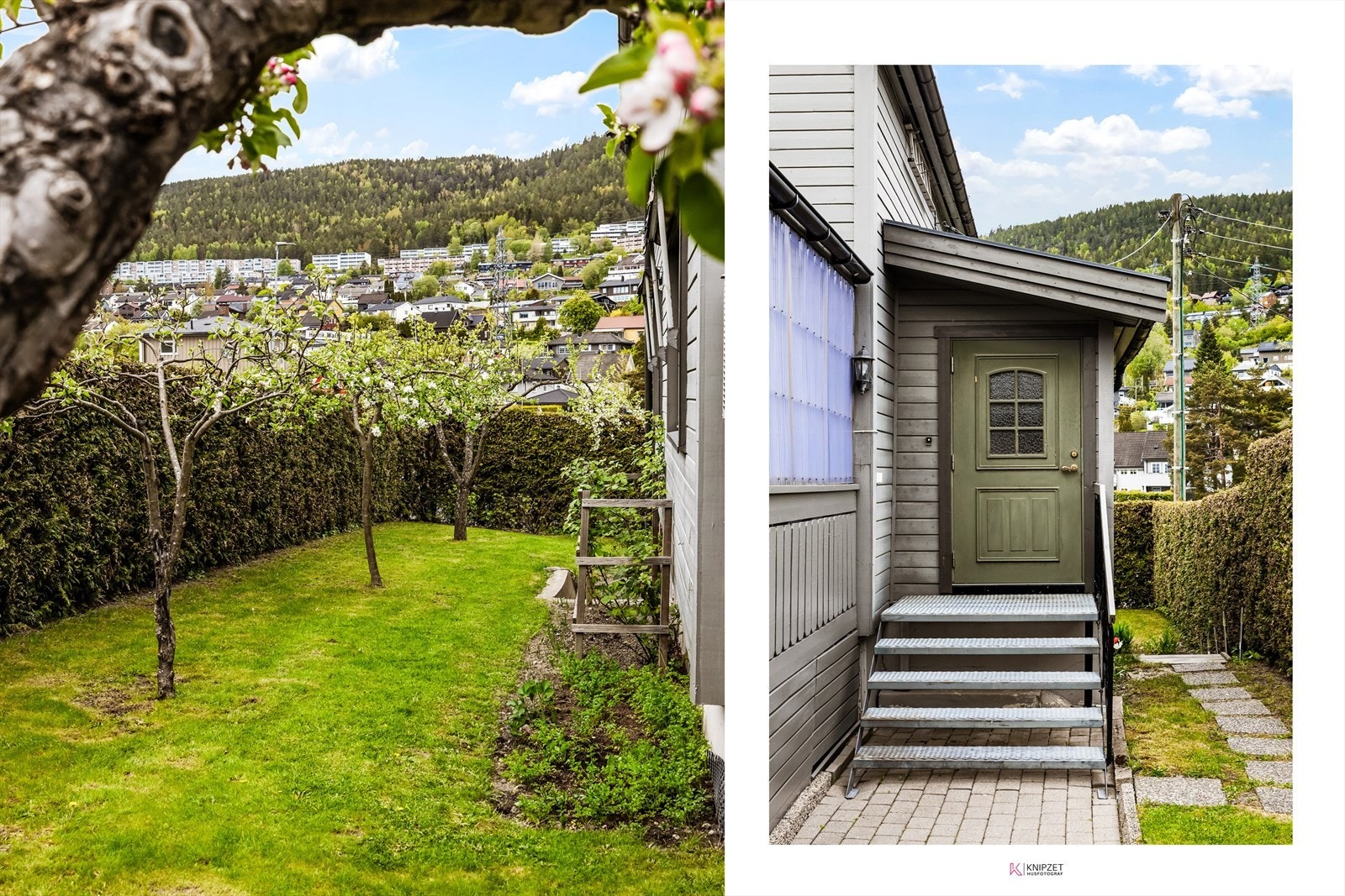 Tomten er opparbeidet med plen, beplantning og belegningsstein i innkjørselen. Hovedinngangen har en trapp i stål. Galleribilde