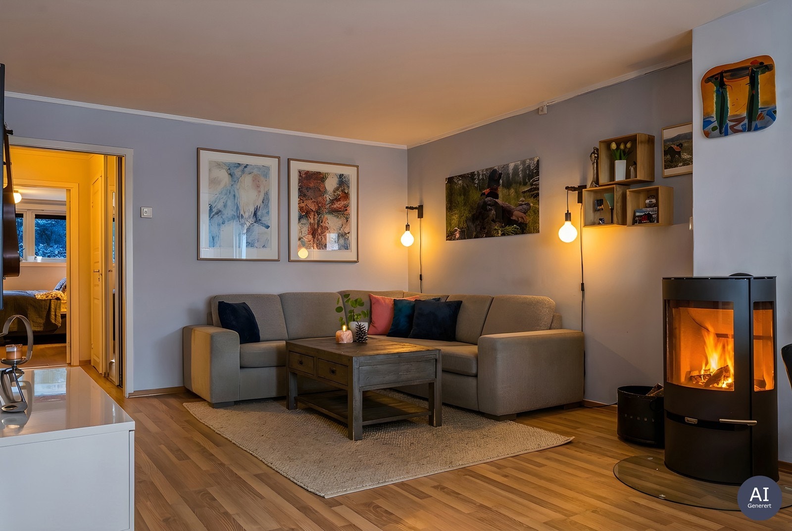 Stuen med vedovnen skaper en hyggelig ramme for kveldene. (AI Generert) Galleribilde