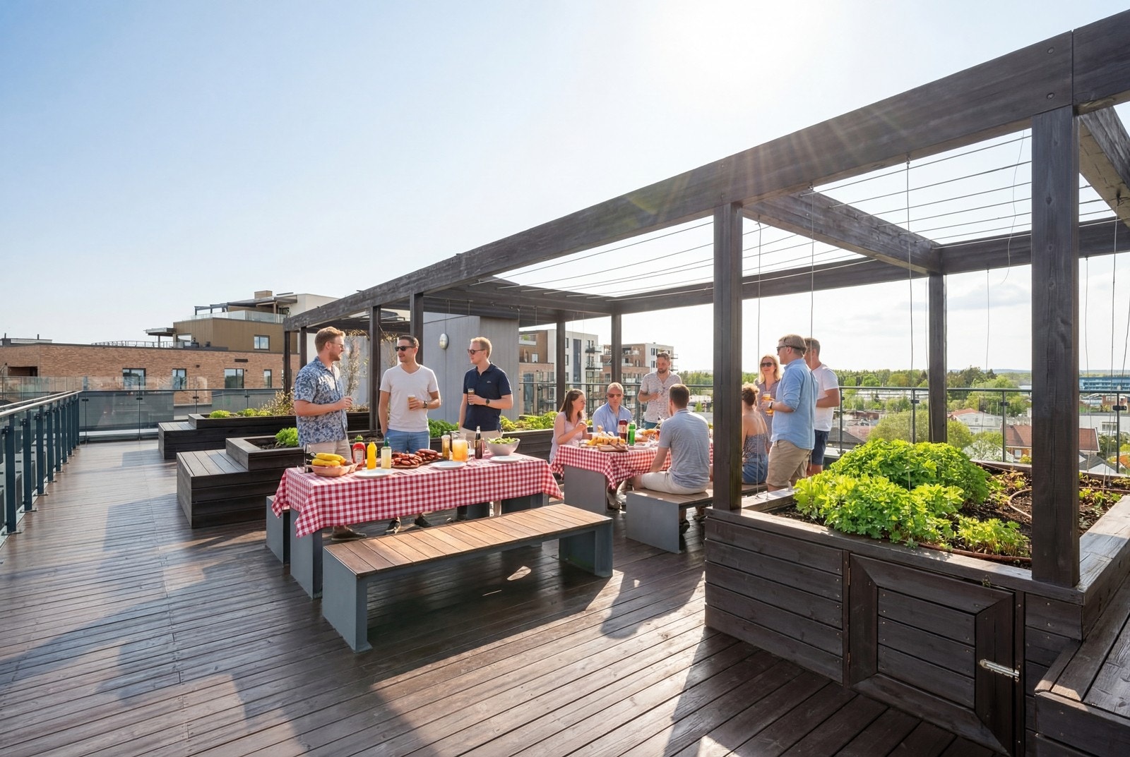 Sameiets felles takterrasse er en flott sosial møteplass for beboerne. (Digitalt pyntet takterrasse) Galleribilde