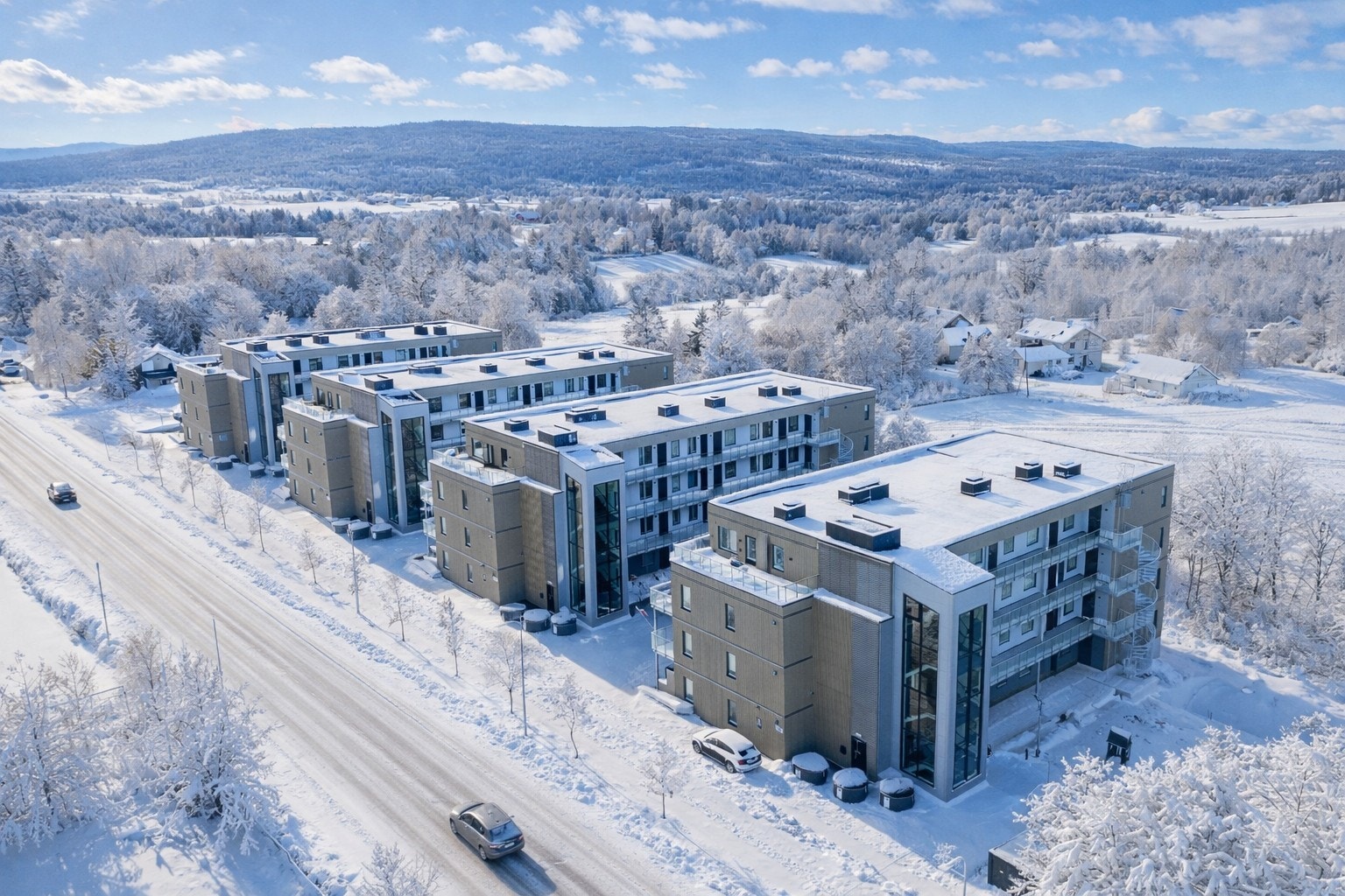 Lekre leiligheter med god planløsning av høy kvalitet. Garasje i kjeller med heis. Sentral og god beliggenhet, snø bilde med ai. Galleribilde