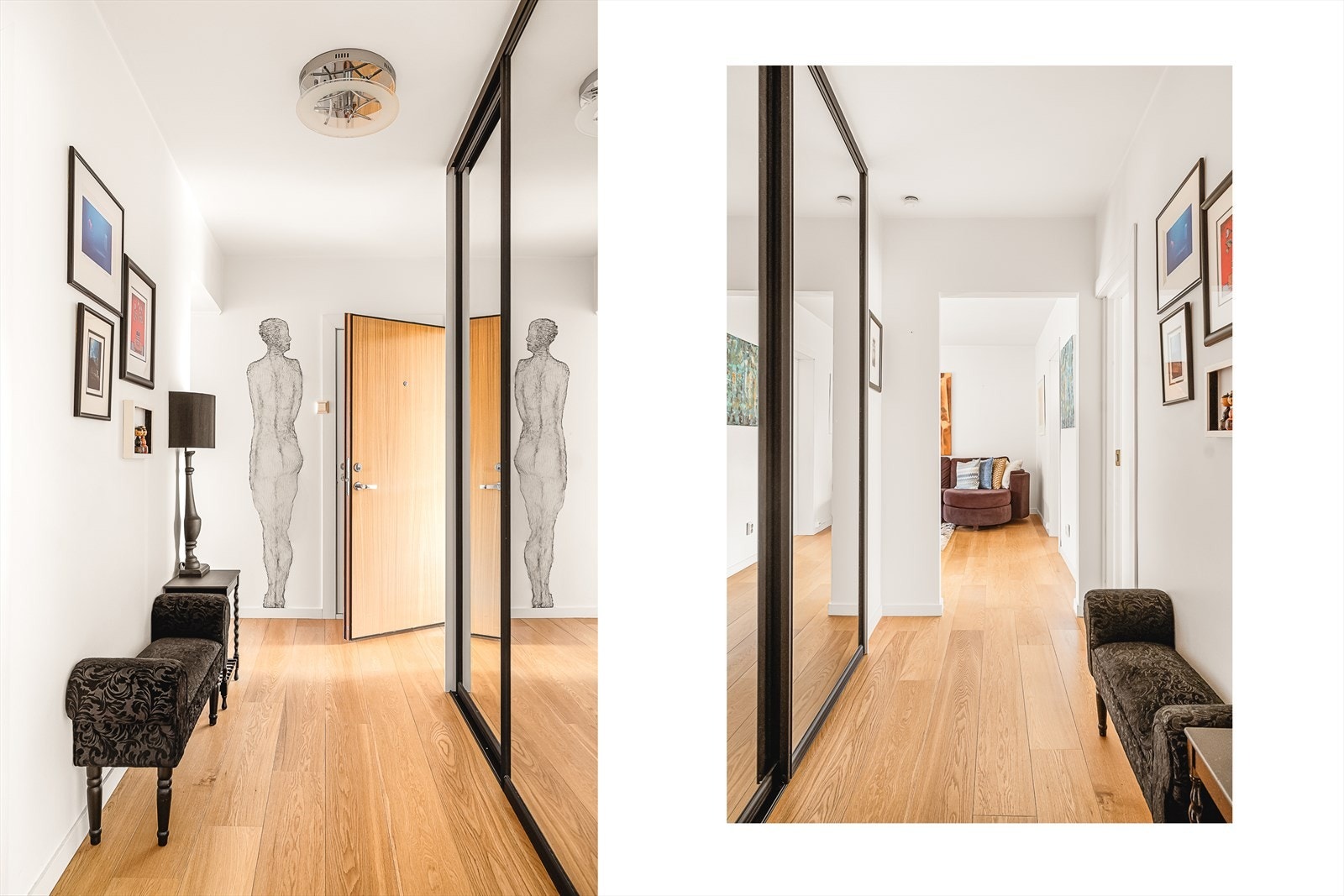 Leiligheten har en romslig entré/gang på 7,3 kvm. Her er en stor skyvedørsgarderobe, hvor det er god plass til oppbevaring av yttertøy. Det er også et innebygget skap. Galleribilde