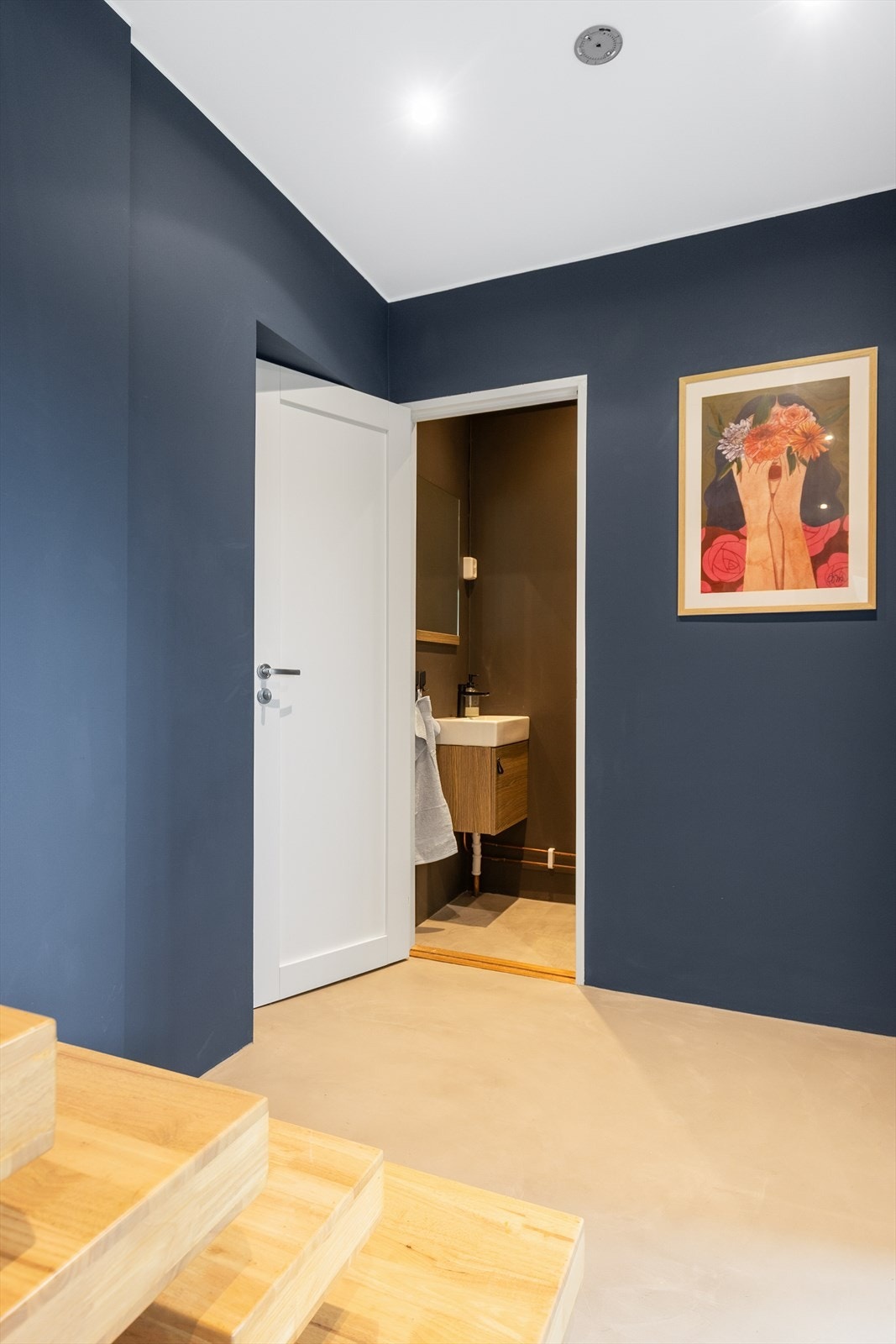 Fra hallen er det adkomst til et separat toalettrom med vask og vegghengt toalett. Galleribilde