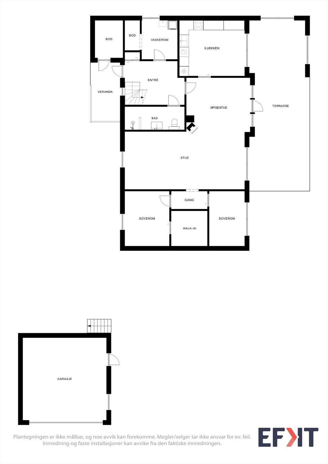 Første etasje har en praktisk planløsning som samler de sosiale sonene, i tillegg til bad og 2 stk soverom. Galleribilde