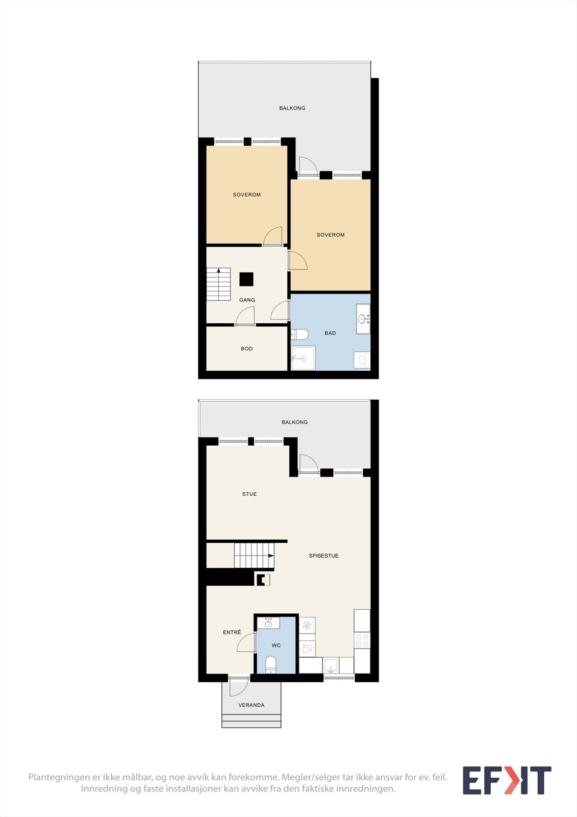 Rekkehuset strekker seg over to plan med et samlet bruksareal på 89 m², og har en arealeffektiv planløsning. Galleribilde