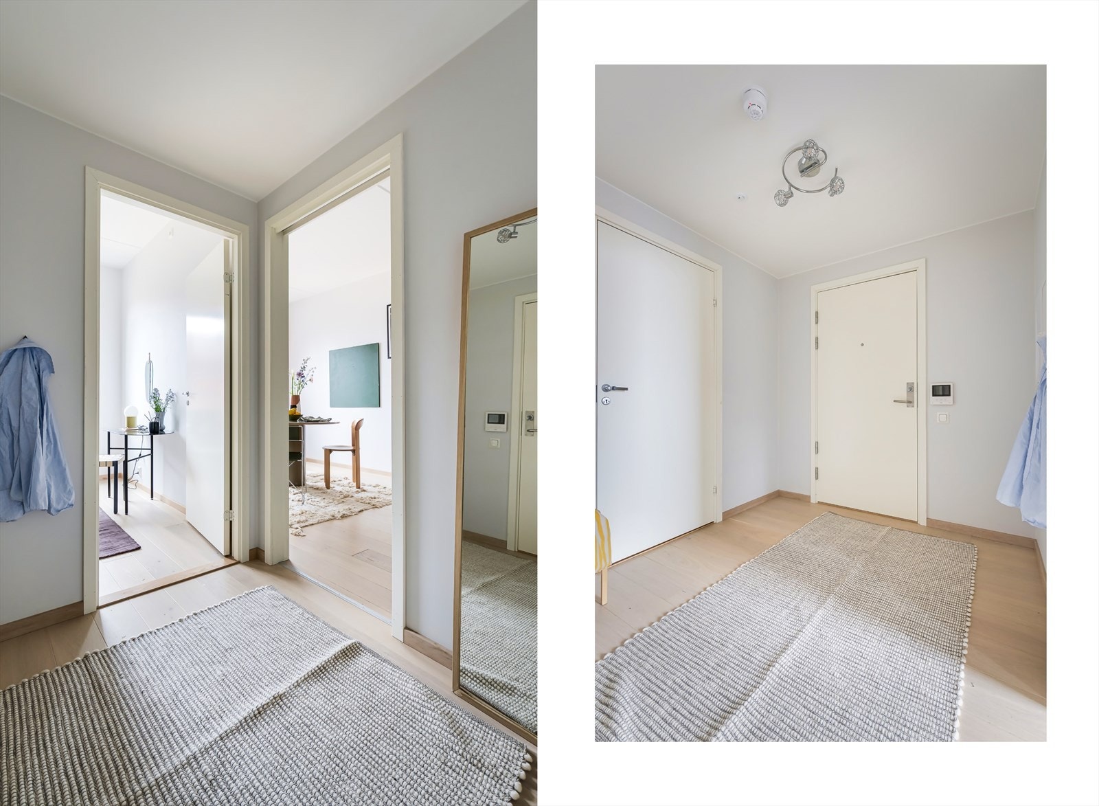 Velkommen inn! Første møte med boligen er en lys gang med god plass til oppheng av yttertøy og plassering av sko. Galleribilde