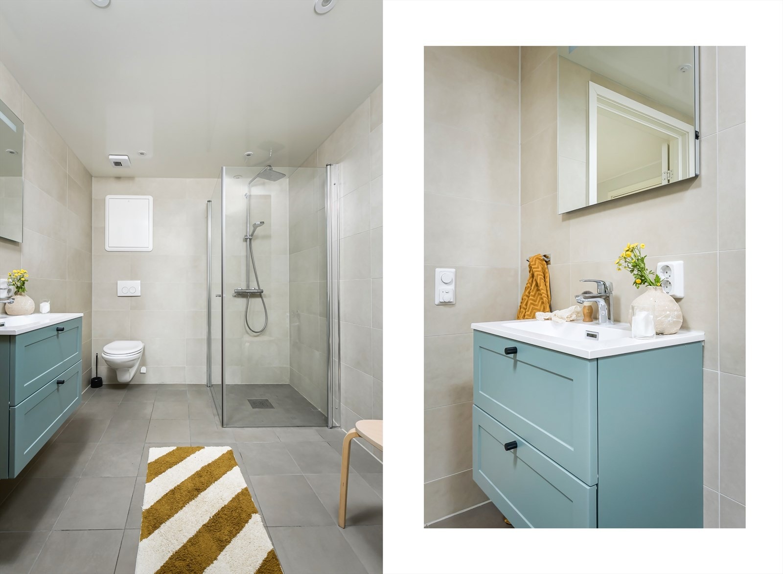 Badet er utstyrt med veggmontert toalett, en servantinnredning og et dusjhjørne med glassdører. Galleribilde