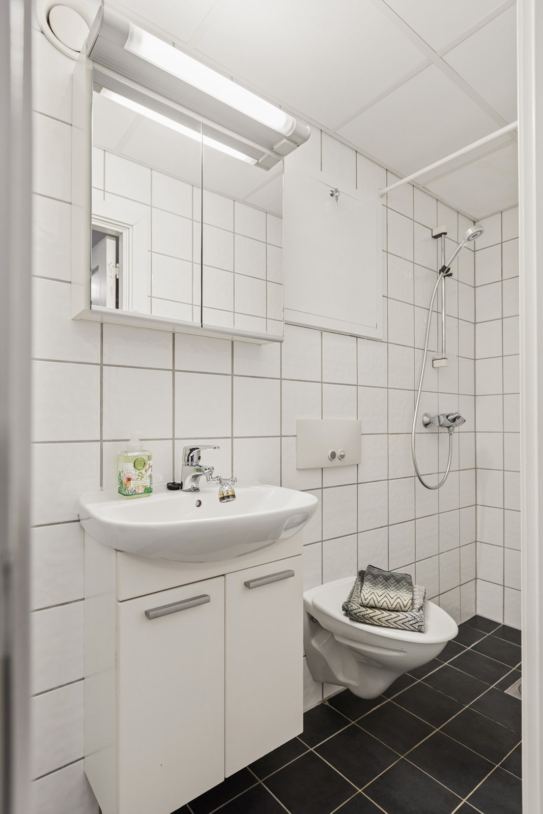 Badet er utstyrt med vegghengt toalett med skjult sisterne, dusj med dusjforheng, samt baderomsinnredning med servant og speilskap. Galleribilde