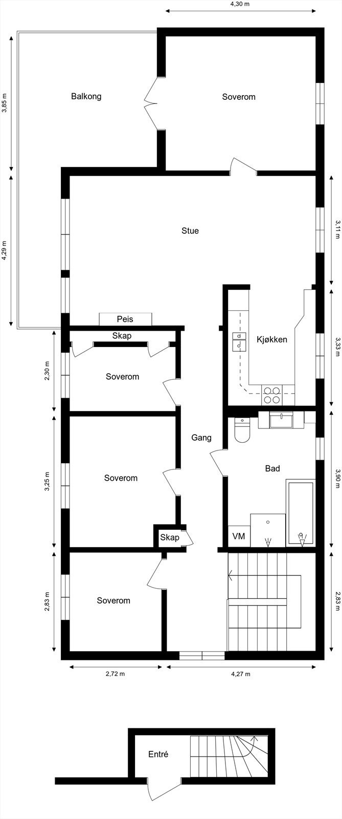 Plantegning. I tillegg disponerer boligen 3 kjellerboder på totalt ca. 20 kvm, med inngang på baksiden av huset. Galleribilde