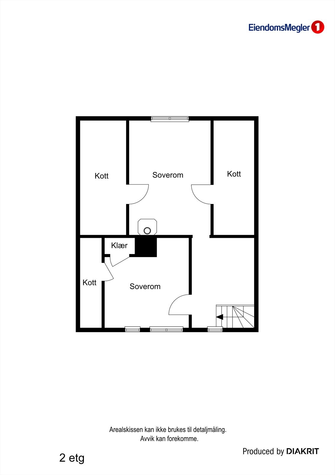 Planløsning for loftsetasjen i våningshuset, som er innredet med gang og to soverom. Galleribilde
