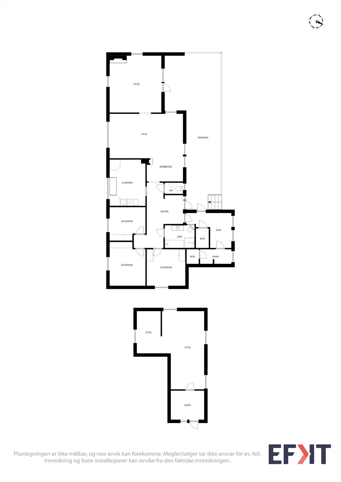 Plantegningen for hovedhuset viser en tydelig fordeling mellom sosiale soner og private rom. Galleribilde