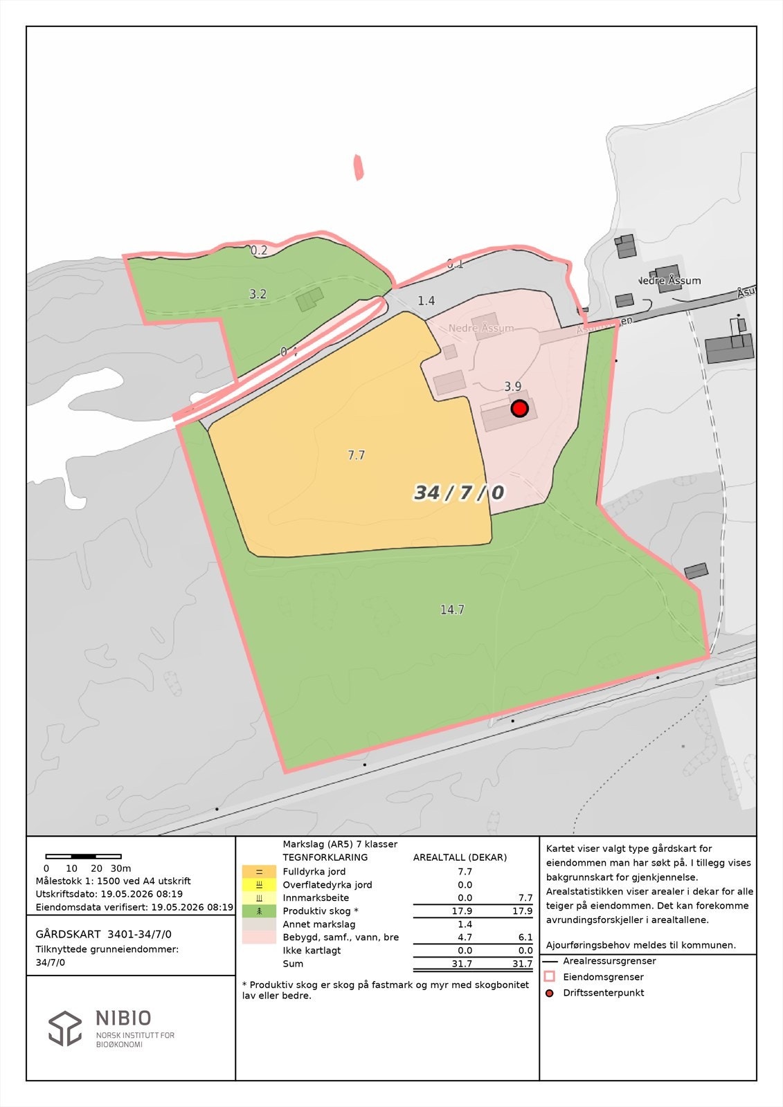 Gårdskart som viser eiendommens grenser og arealfordeling. Galleribilde