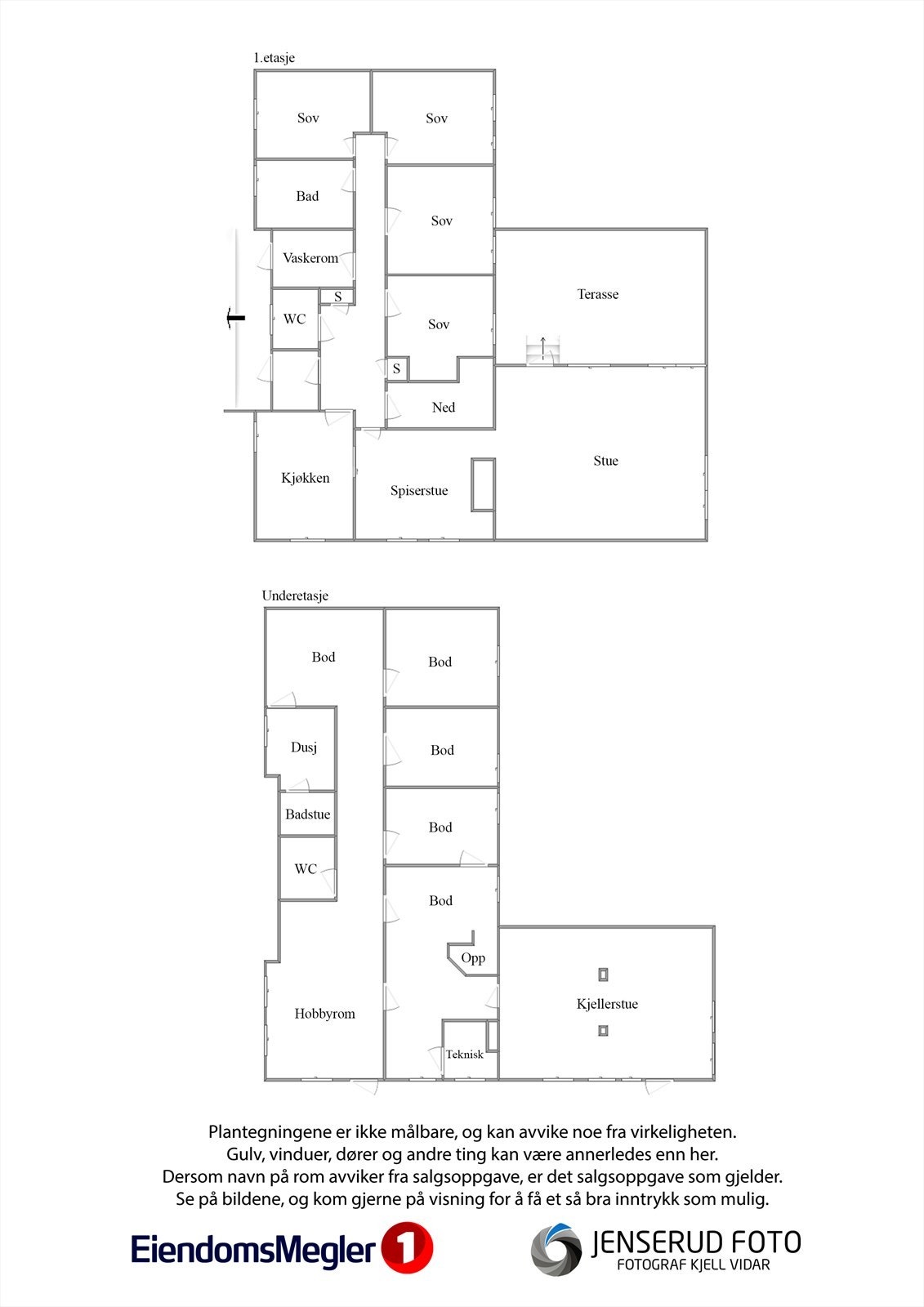 Boligen går over to plan og har en innholdsrik planløsning med blant annet peisstue, badstue og rikelig med bodplass i underetasjen.
Plantegningen er tegnet av fotograf Kjell Vidar M., og kan avvike fra byggemelding til kommunen. Galleribilde