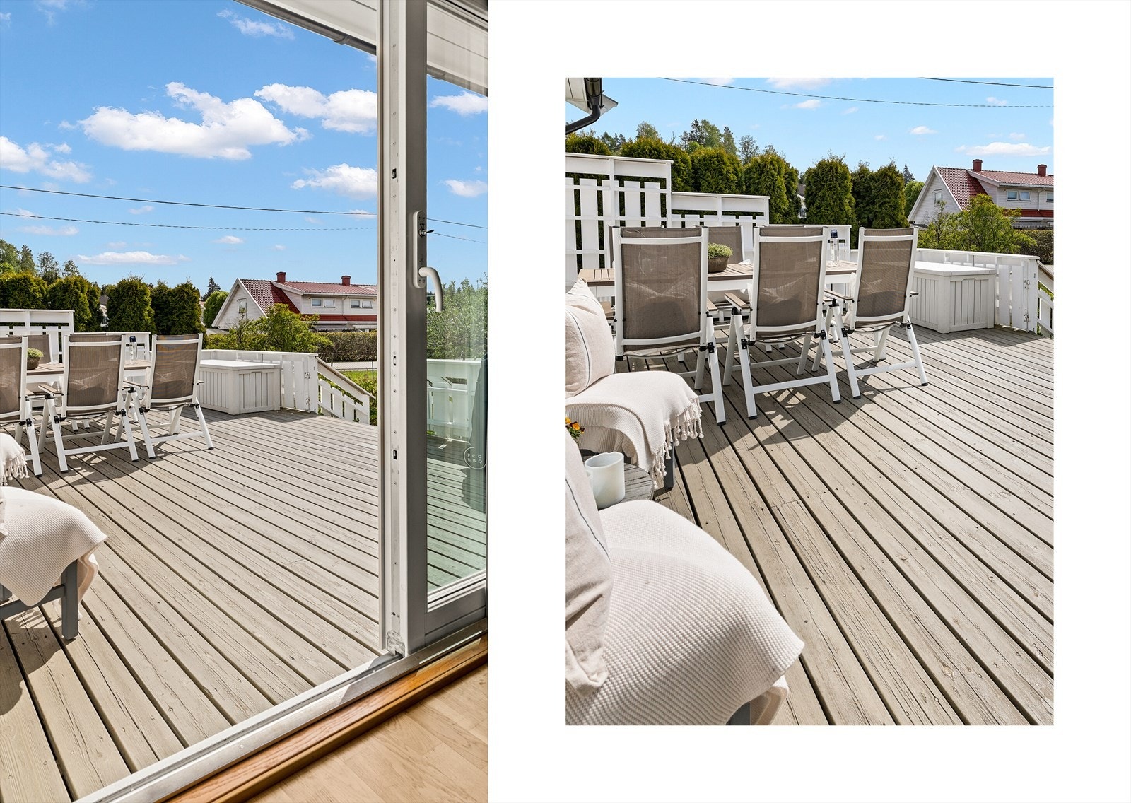 Fra stuen åpner boligen seg videre mot en stor terrasse som fungerer som en naturlig forlengelse av oppholdsrommet i sommerhalvåret. Galleribilde