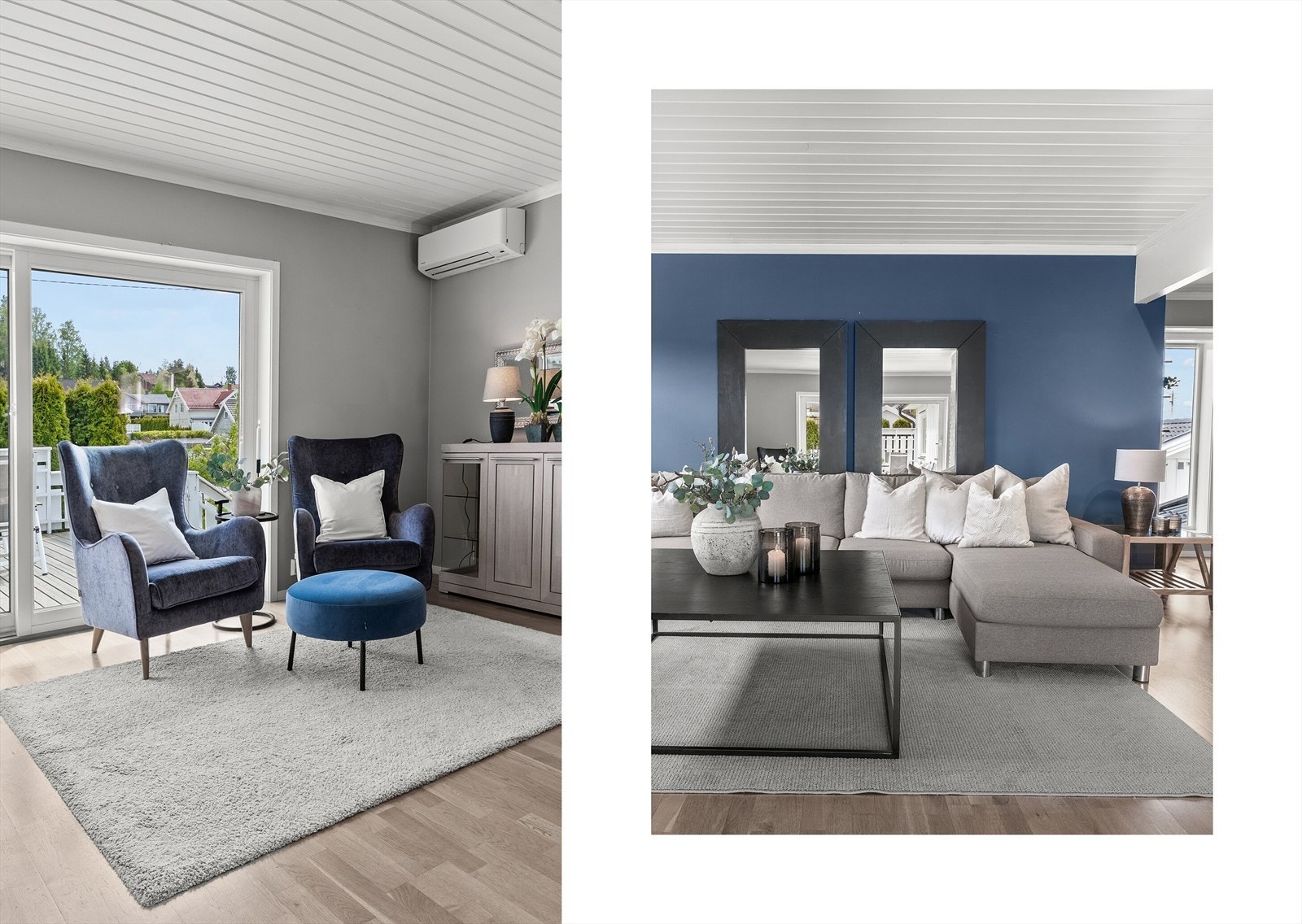 Her er det god plass til romslig sofagruppe, tv løsning og flere sitteplasser. De store vindusflatene trekker dagslyset inn og skaper en luftig romfølelse. Galleribilde