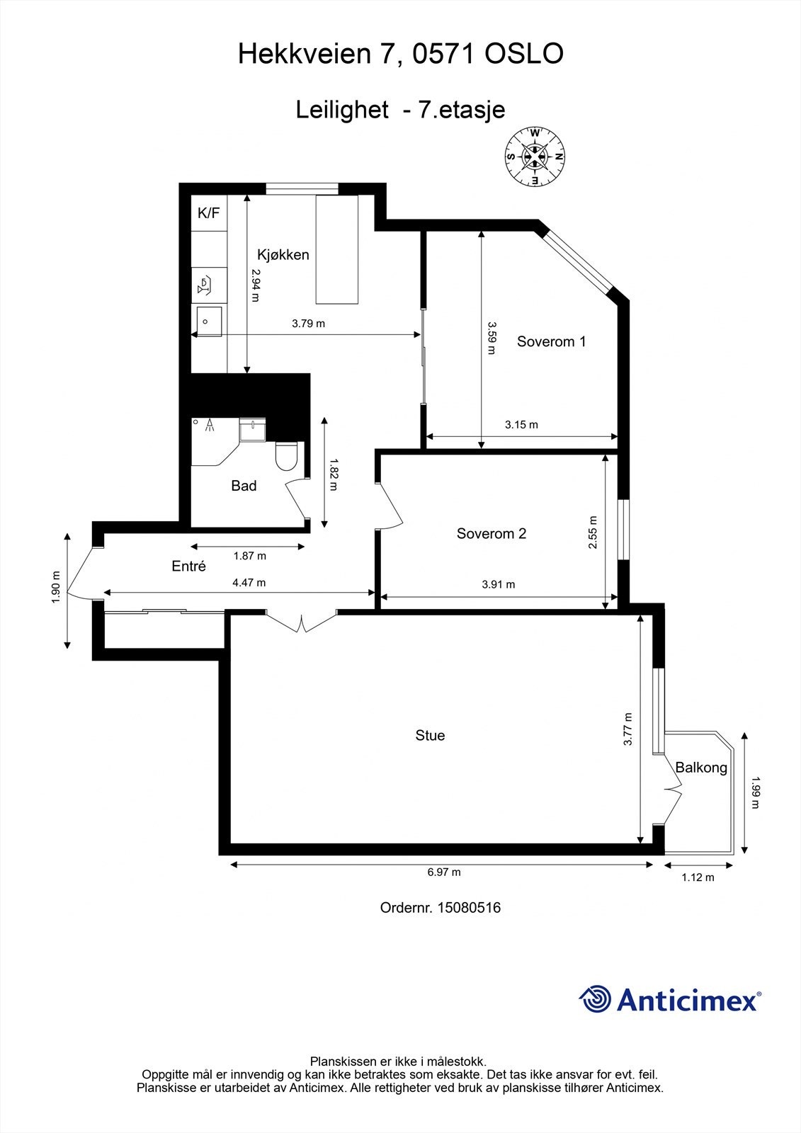 Plantegning utarbeidet av takstmann for boligens 7.etasje. Galleribilde