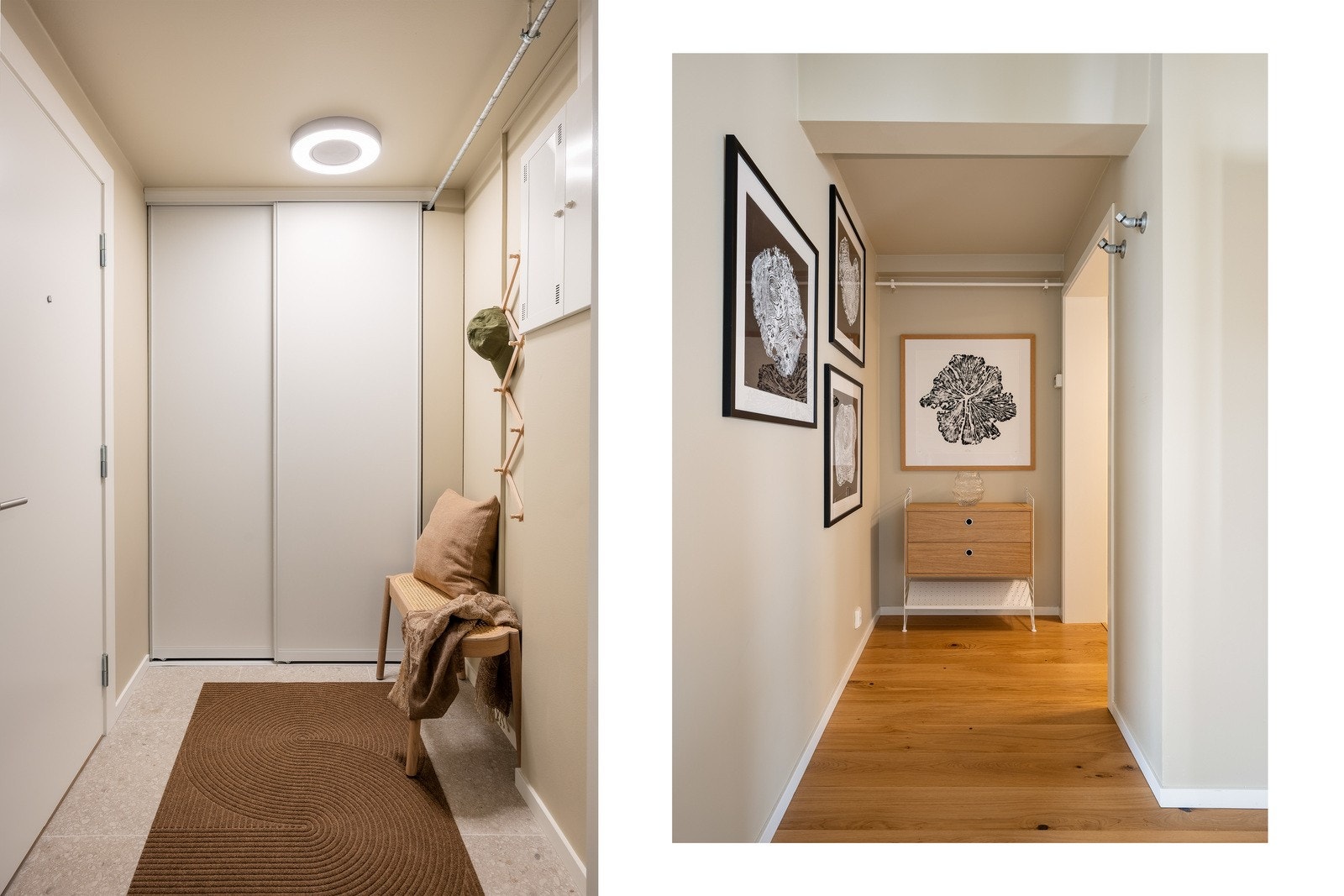 Innbydende entré med god lagringsplass i integrert skyvedørsgarderobe - elegante gulvflater bestående av eksklusive, storformat gulvfliser med lun gulvvarme Galleribilde