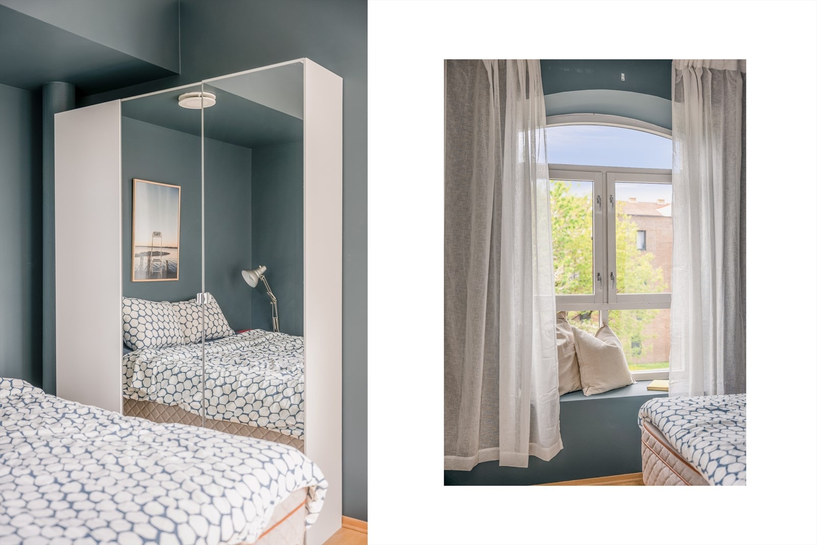 Soverommet har tilluftsventil i taket som en del av boligens mekaniske ventilasjonsanlegg. Galleribilde