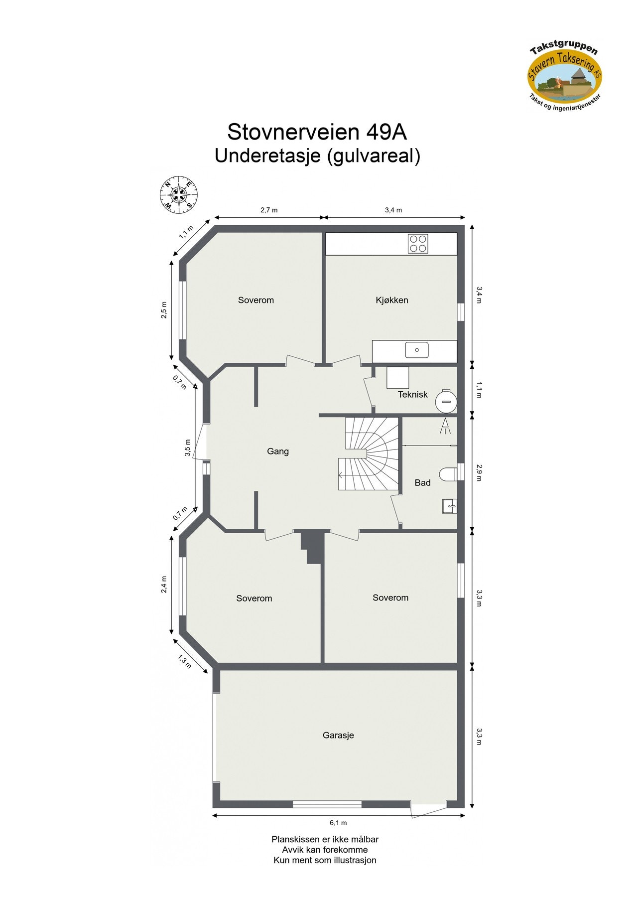Målsatt plantegning underetasje. Det er avvik i dagens plantegning fra originale godkjente tegninger, les mer under "Midlertidig brukstillatelse og ferdigattest". Galleribilde