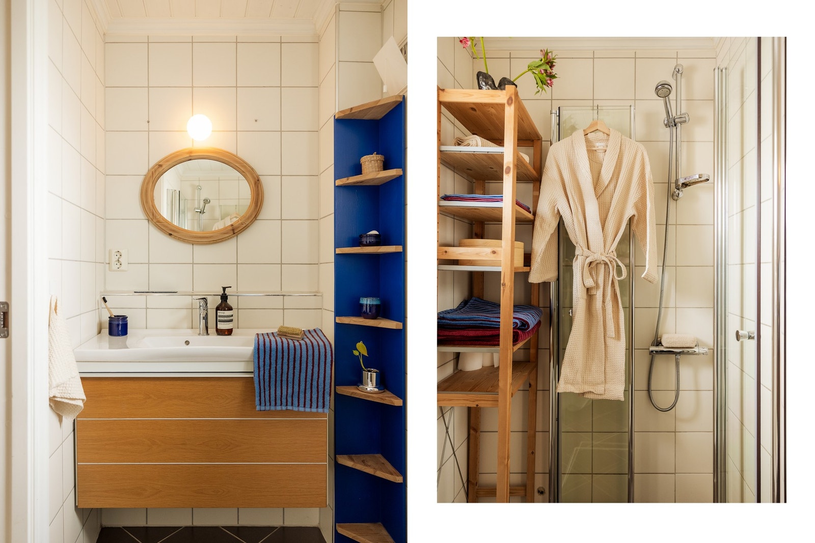 Badet er innredet med vegghengt toalett, dusjnisje og heldekkende servant med baderomsmøbel som gir god skuffeplass Galleribilde