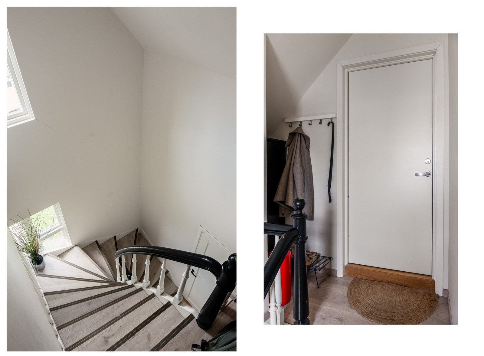 Leiligheten ligger til i øverste etasje og like ved inngangsdøren til leiligheten er det muligheter for å henge fra seg yttertøy og sko. Galleribilde