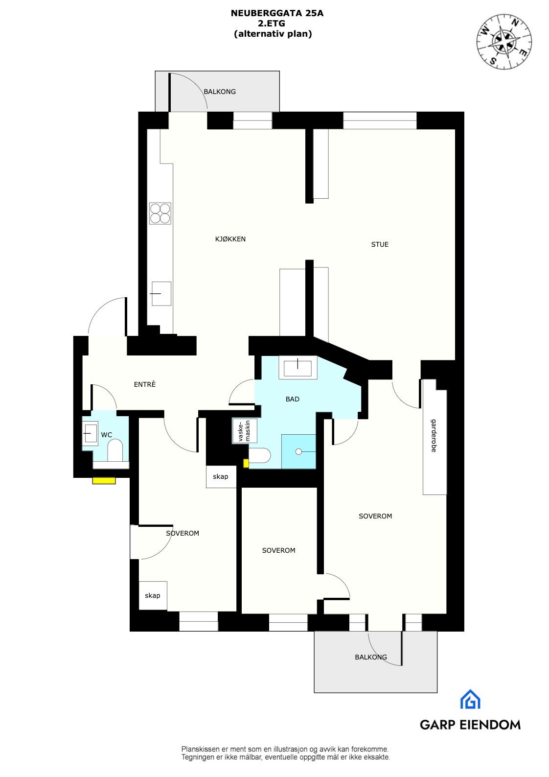 Alternativ planløsning med inngang fra stuen til hovedsoverommet og ekstra wc i gangen. Det er også mulig å åpne veggen mellom soverom 2 og soverom 3, døren er blendet igjen i dag. Galleribilde