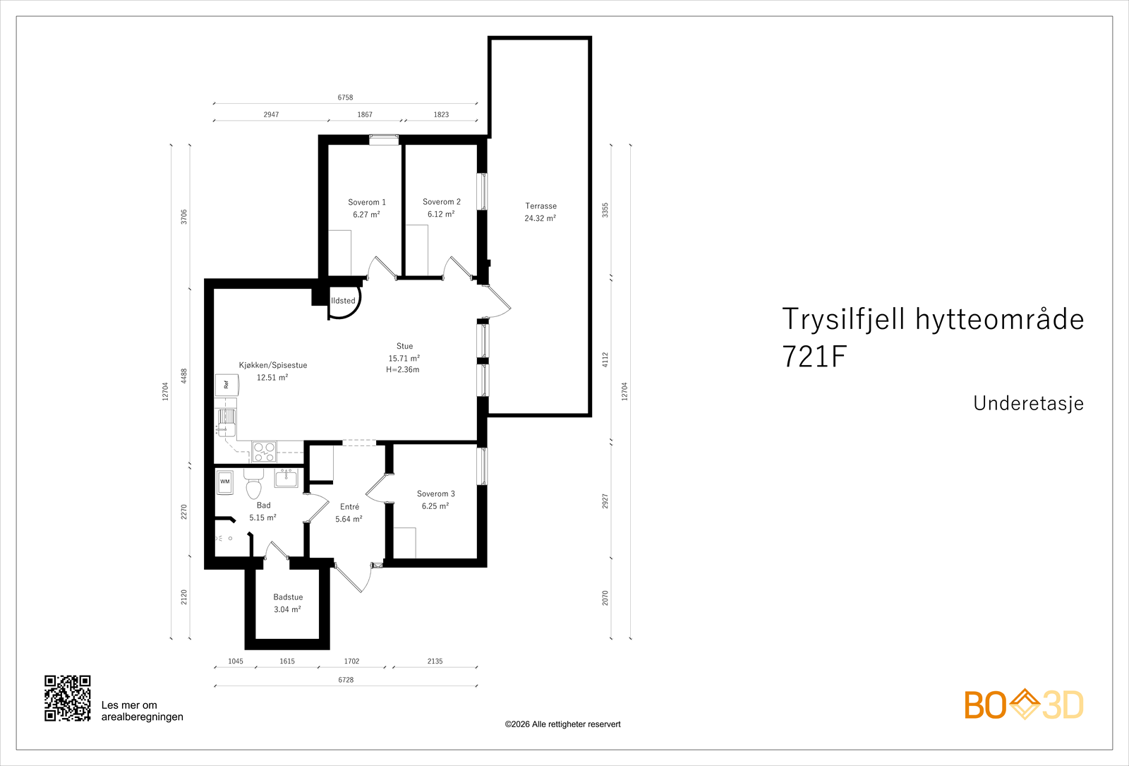 Plantegningen viser en fritidsleilighet med tre soverom, bad, badstue og en romslig terrasse. Galleribilde