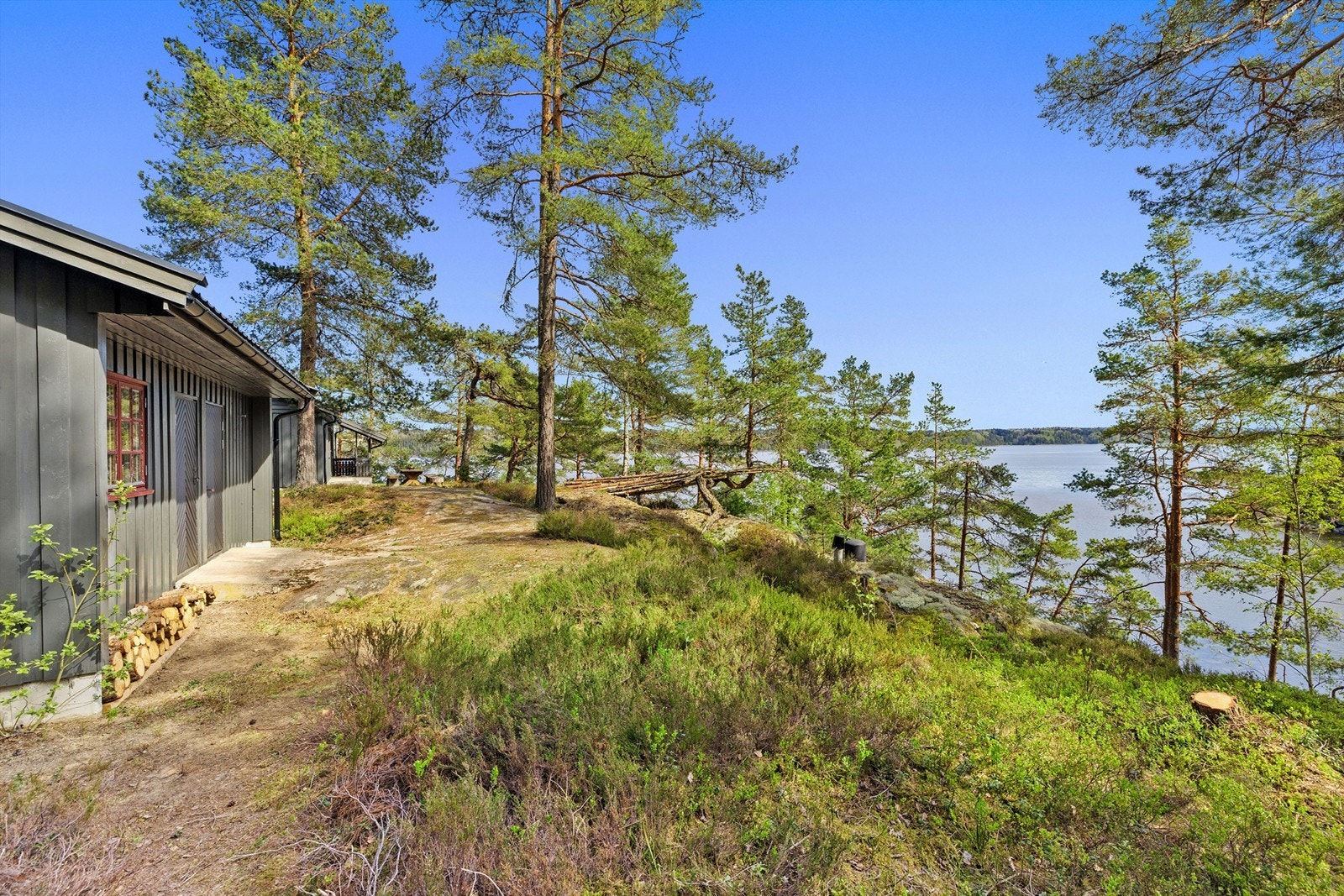Området rundt annekset og hytta er forholdsvis flatt på den ellers kupperte tomten Galleribilde