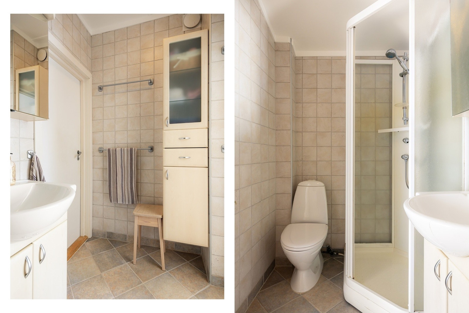 Badet har en praktisk utforming med flislagte overflater og gulvvarme som gir komfort i hverdagen. Rommet fungerer fint slik det står i dag, samtidig som det gir mulighet for fremtidig modernisering tilpasset egne ønsker og behov. Galleribilde