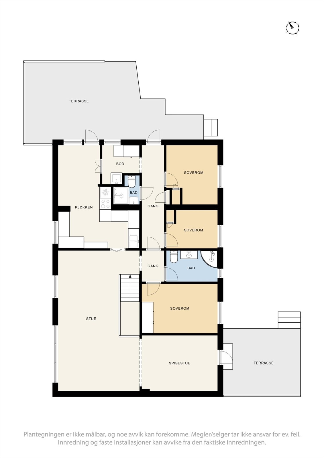 Hovedetasjen har en praktisk planløsning med tre soverom, to bad og romslige oppholdsrom (se pkt. ferdigattest). Galleribilde