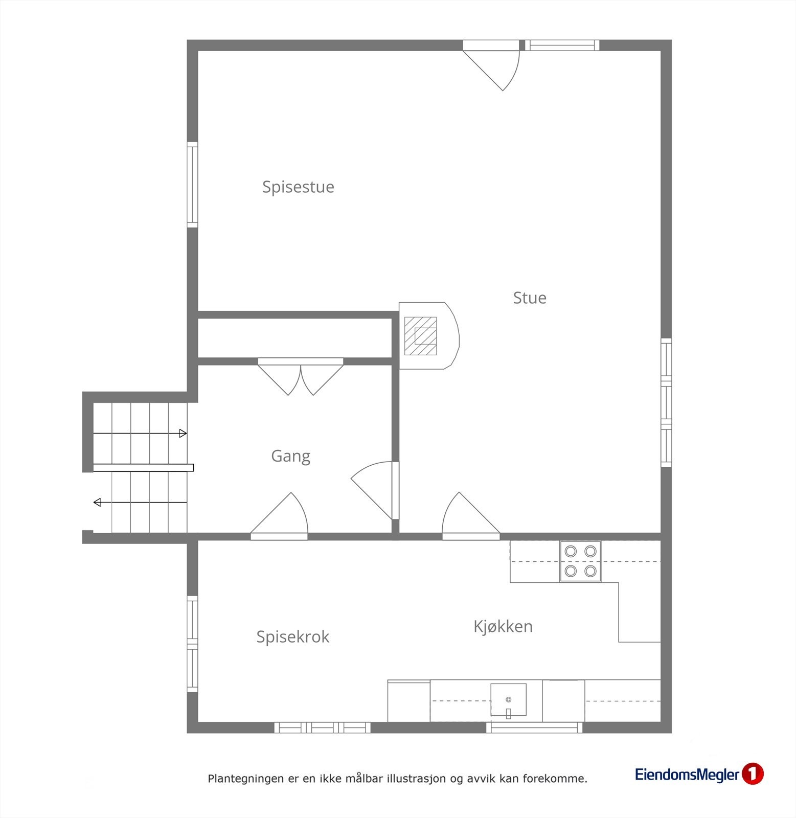 Første etasje har ei praktisk planløysing med kjøkken, stove og gang. Galleribilde
