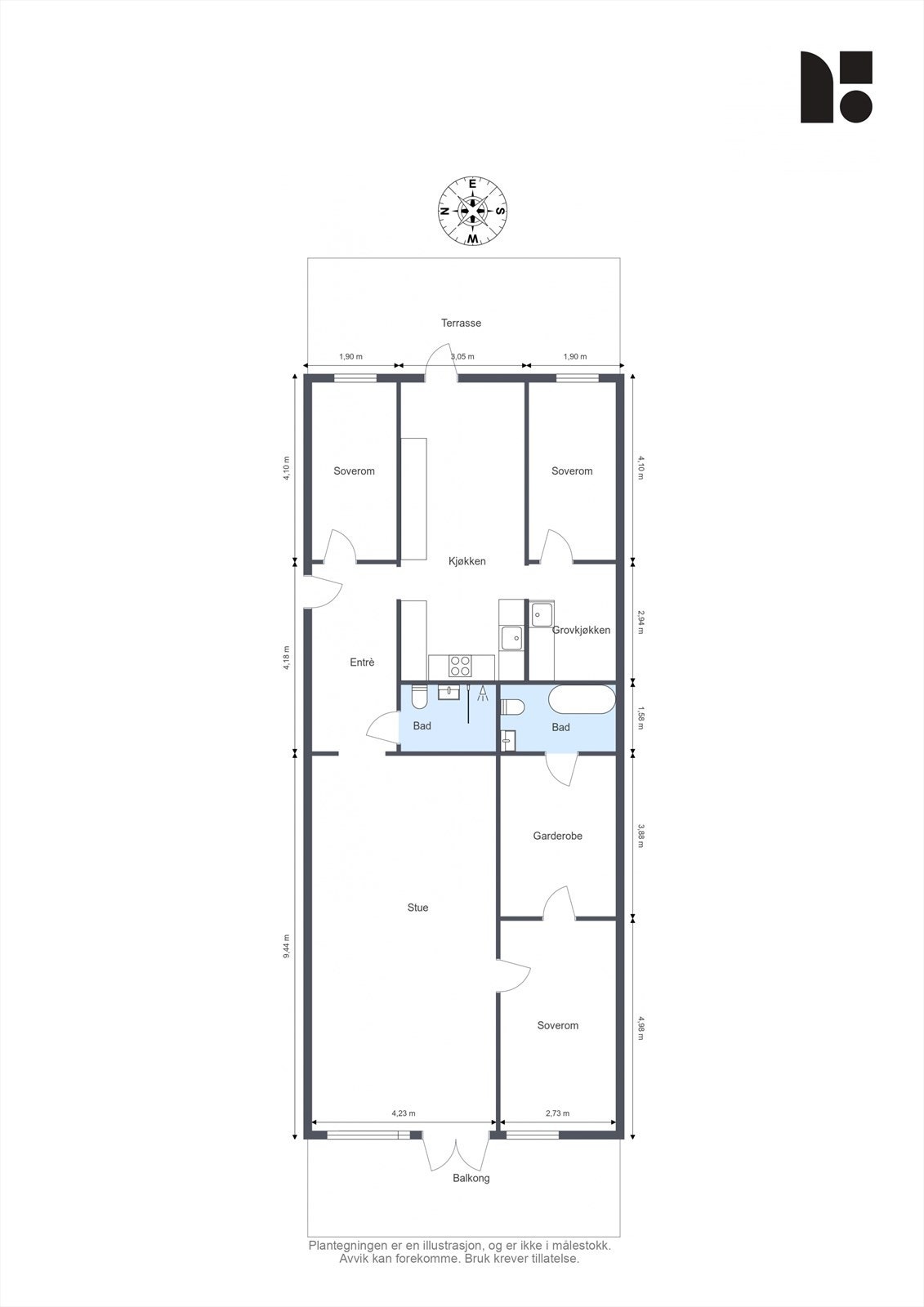 Leiligheten har en gjennomgående og lys planløsning med store oppholdsrom. Glassflater og uteplasser vendt mot øst og vest. Galleribilde
