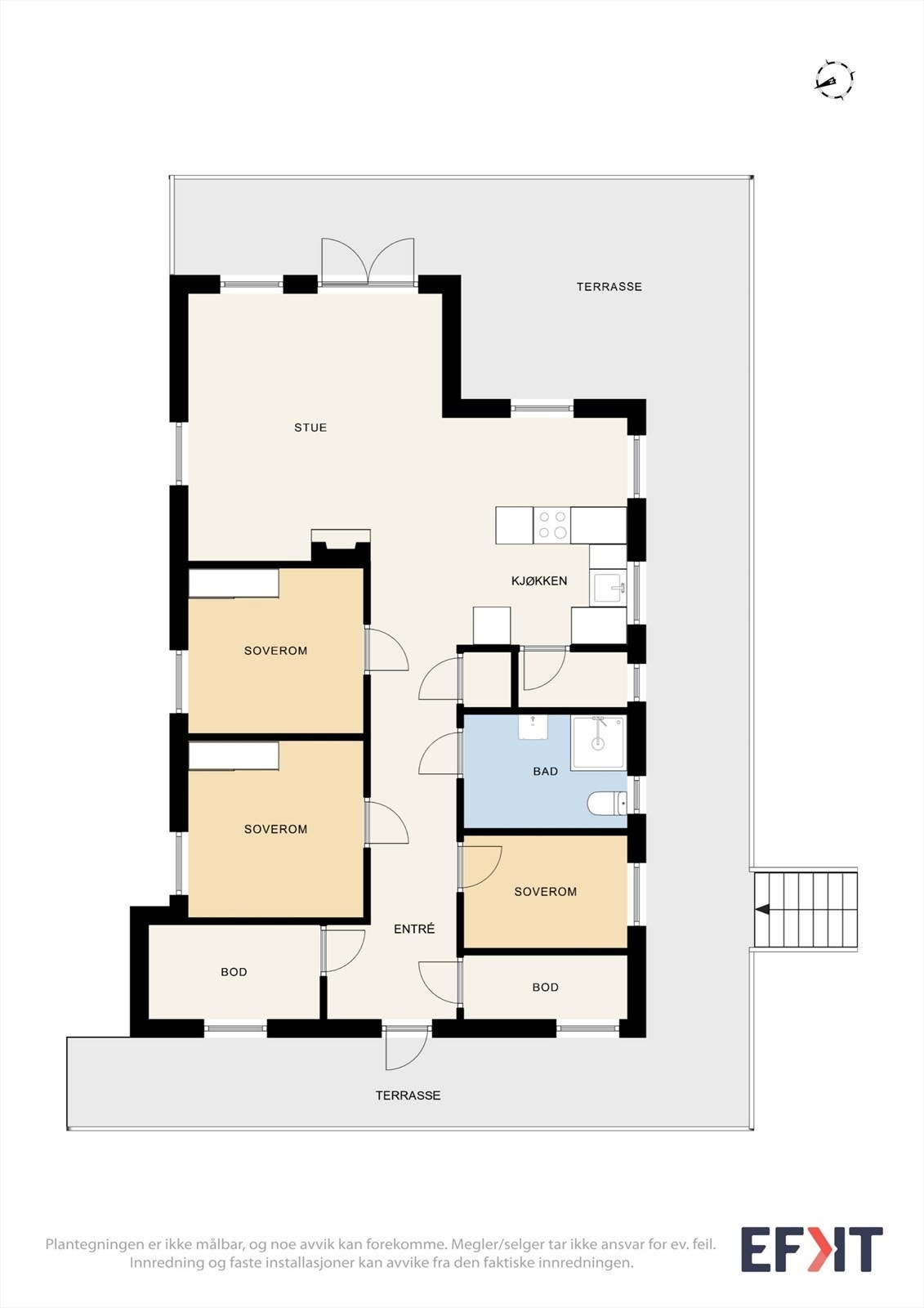 Hytta har en praktisk planløsning på ett plan, med tre soverom og åpen stue- og kjøkkenløsning. Galleribilde