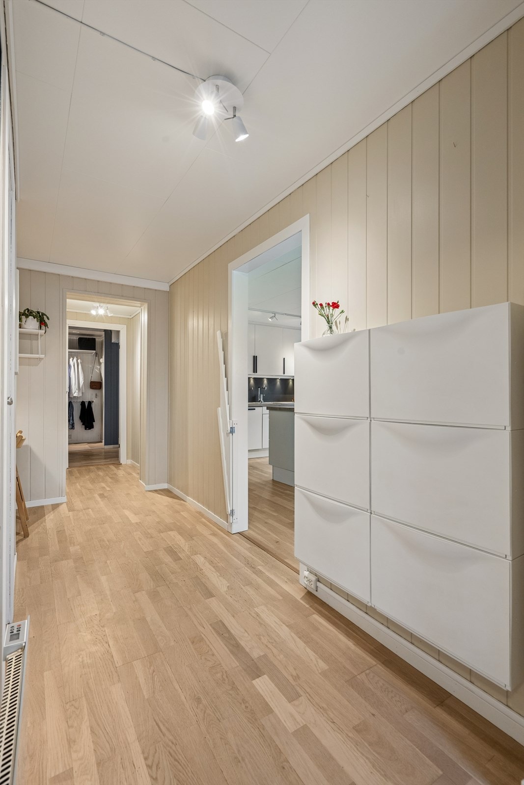 Gangen binder sammen rommene i leiligheten og har parkett på gulvet. Galleribilde