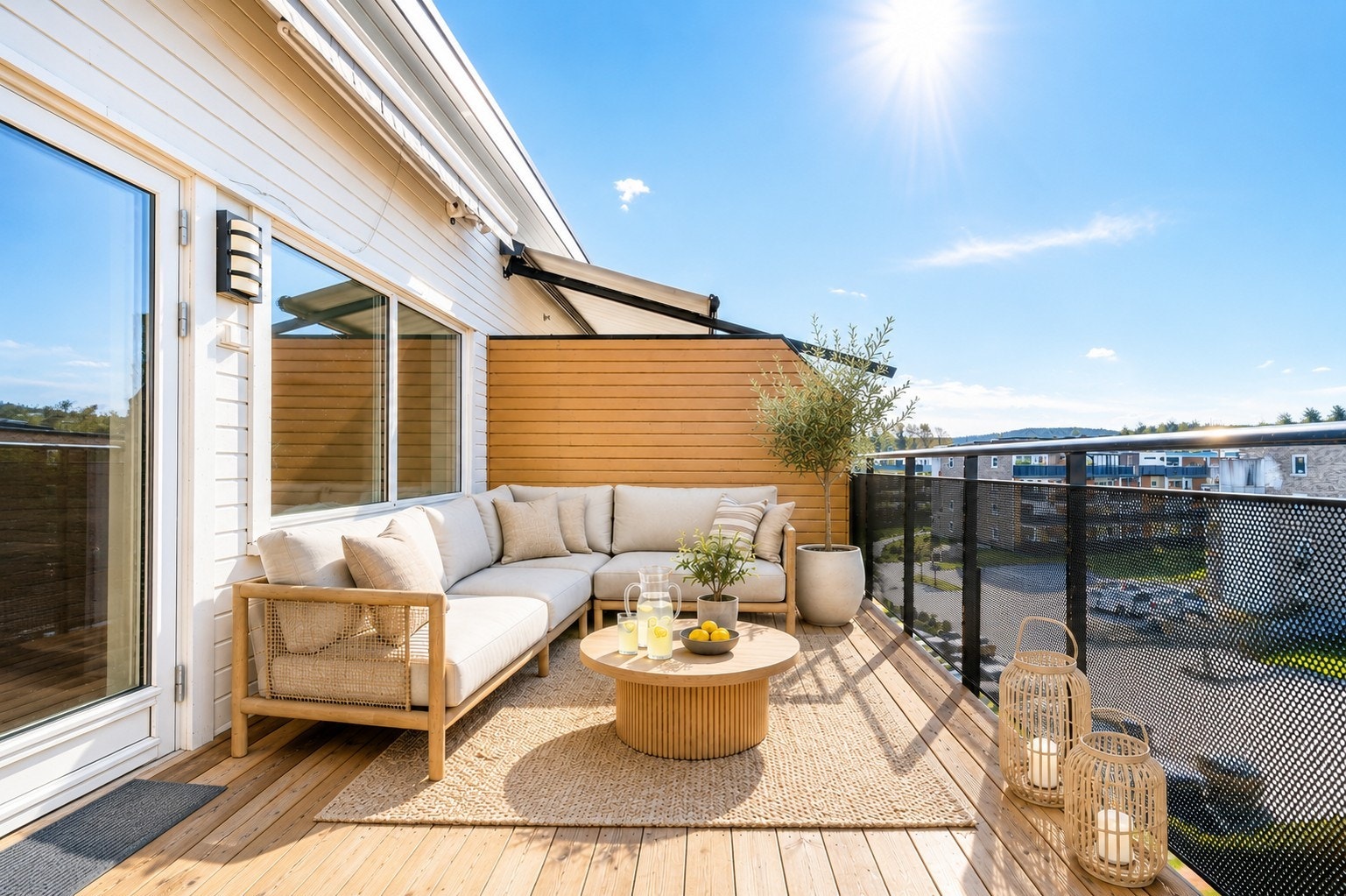 Den romslige terrassen på ca. 17 m2 har svært gode solforhold og god plass til både loungemøbler og spisegruppe - perfekt for rolige morgenstunder og hyggelige sommerkvelder. Bilde er digitalt møblert for inspirasjon - avvik kan forekomme. Galleribilde