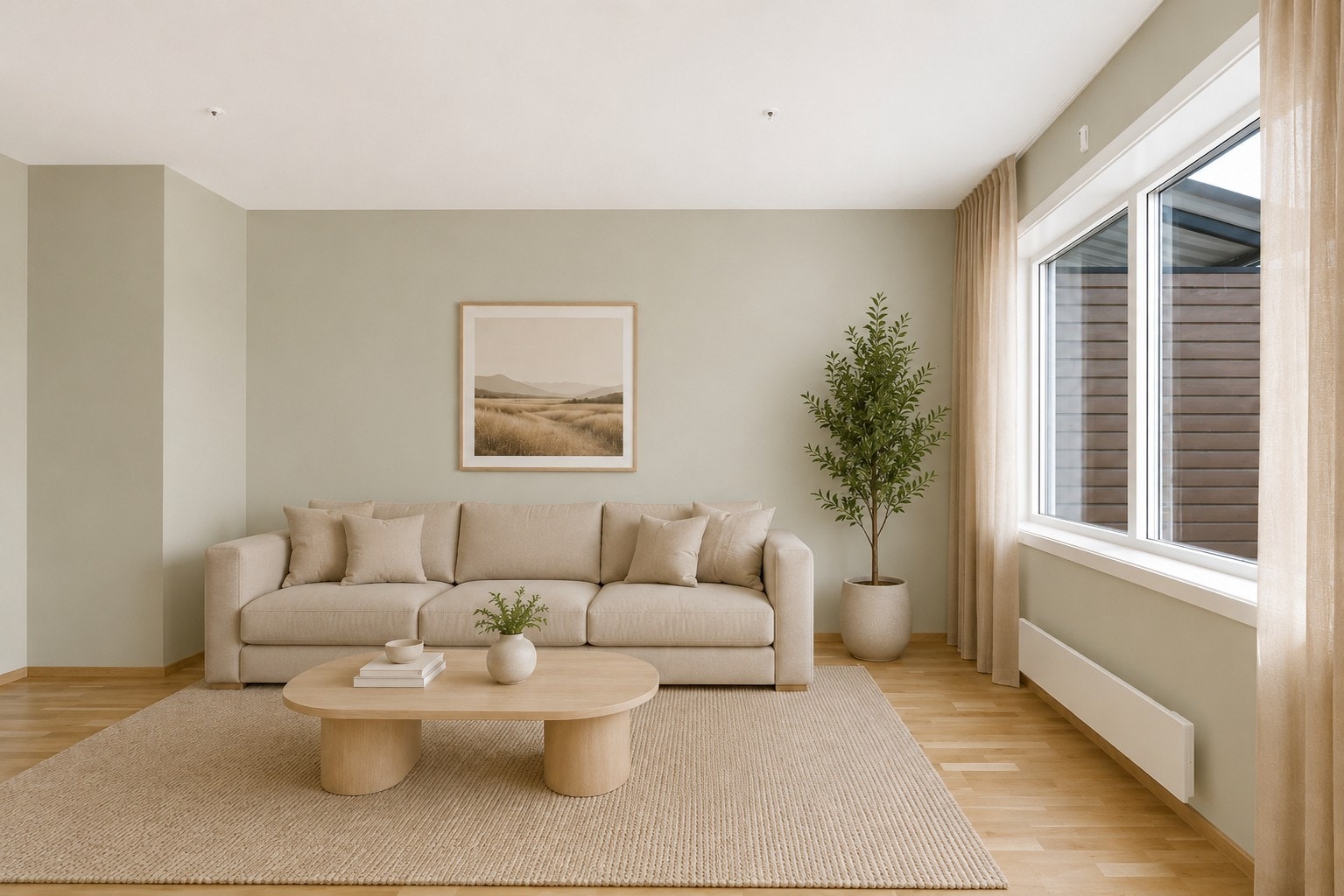 Stuen har god plass til både sofakrok og spiseplass, og den åpne løsningen mot kjøkkenet gir en sosial og luftig romfølelse. Bilde er digitalt møblert for inspirasjon - avvik kan forekomme. Galleribilde