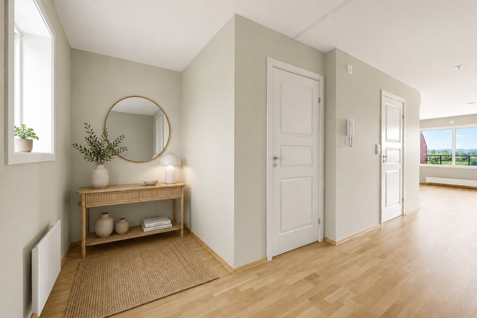 Romslig entré/gang med god plass til garderobe og tilgang til praktisk innvendig bod. Bilde er digitalt møblert for inspirasjon - avvik kan forekomme. Galleribilde