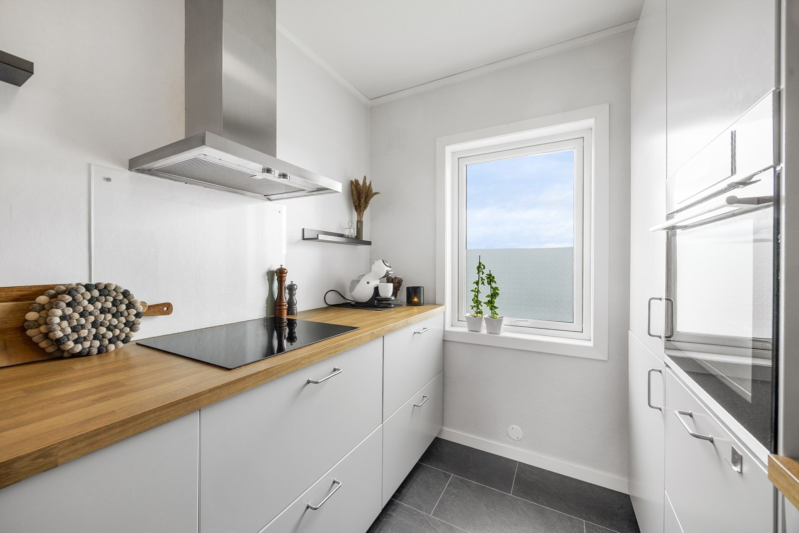 Innredningen inkluderer induksjonstopp, stekeovn og ventilator med kullfilter. Galleribilde