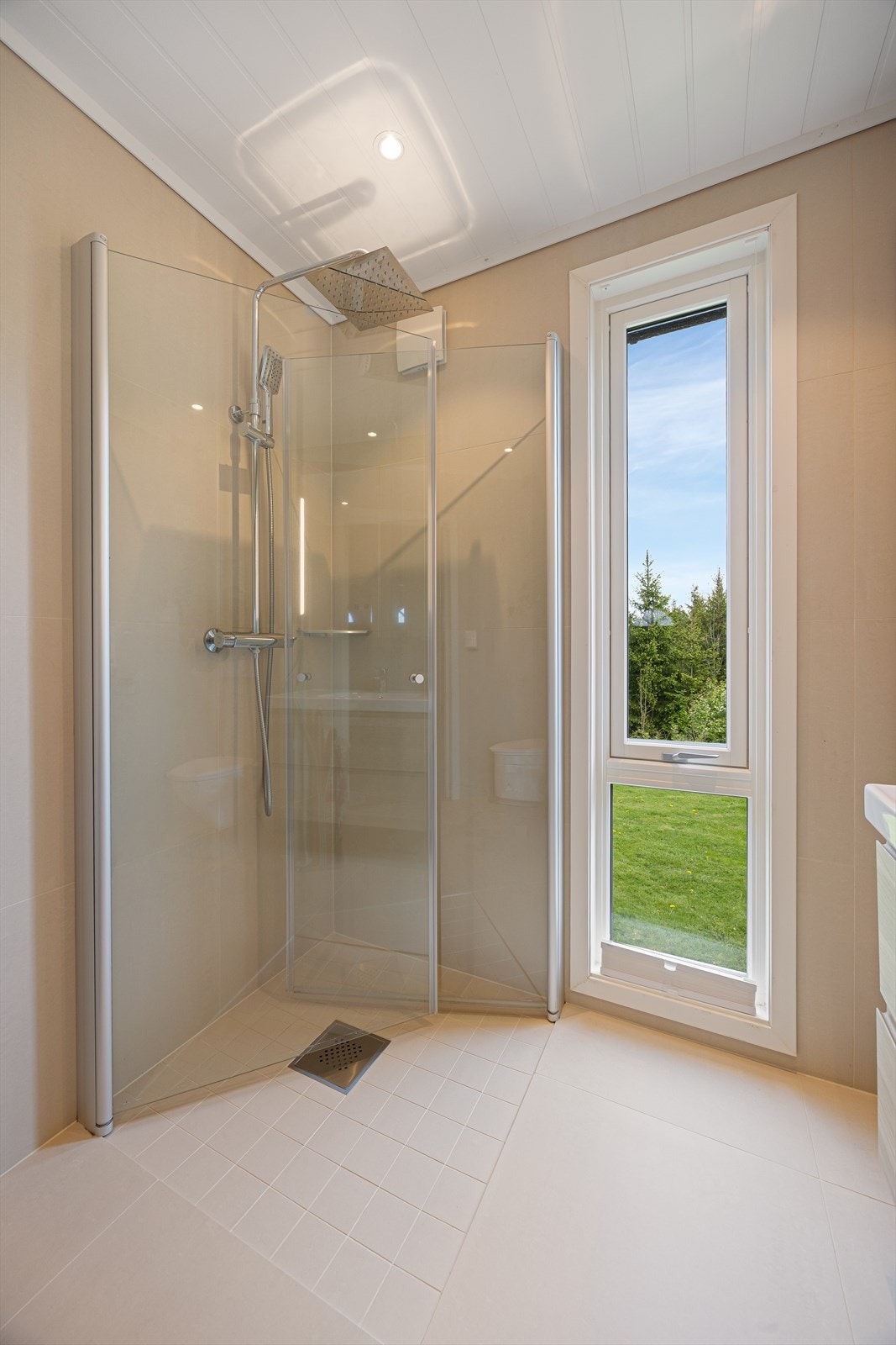 Badet er innredet med dusjhjørne, veggmontert toalett og servant med skuffer. Galleribilde