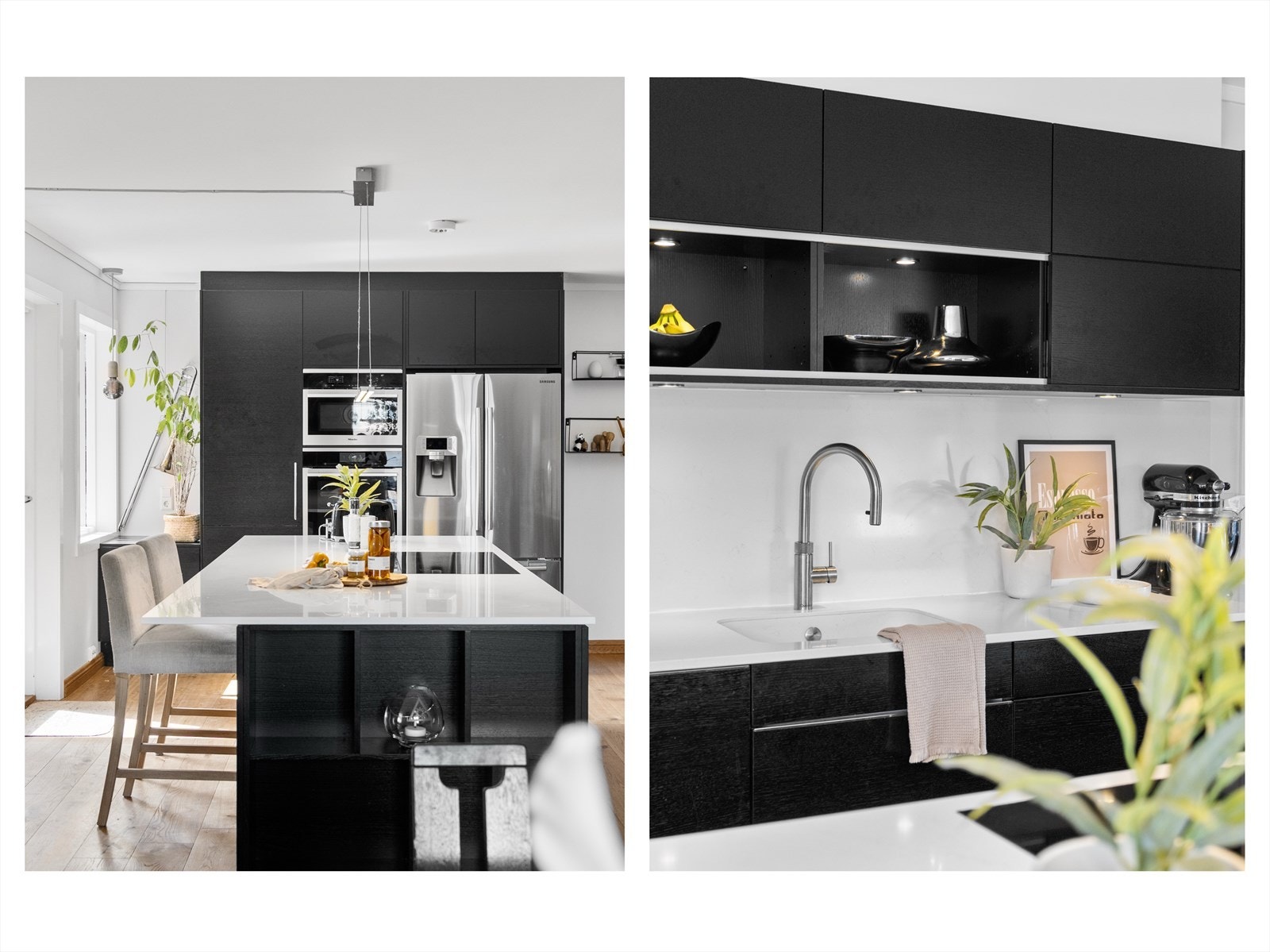Kjøkkenet har en stor kjøkkenøy med frokostbar som gir rikelig med ekstra oppbevaring og benkeplass. Bak kjøkkenbenken er det også montert backsplash i glass for enkelt vedlikehold og rengjøring. Galleribilde