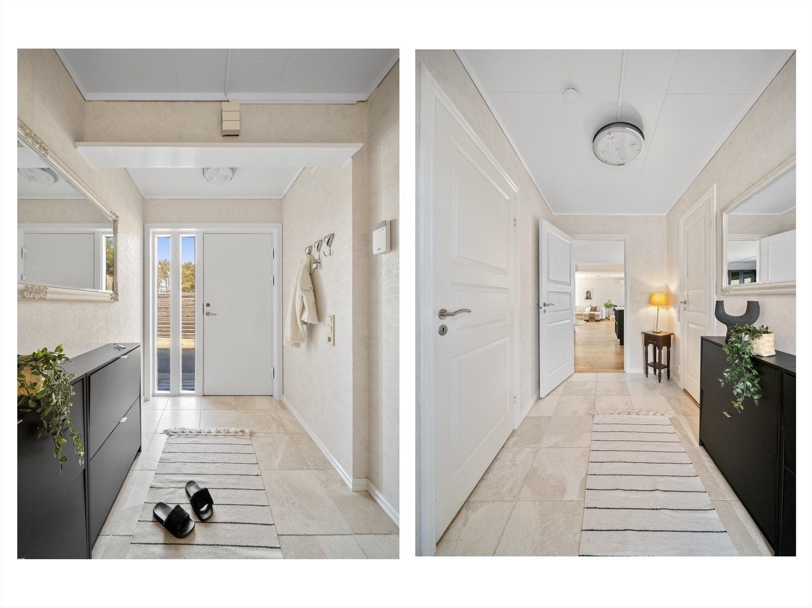 Boligens entré er lys og romslig, har flislagt gulv og godt med plass til oppbevaring av sko. Galleribilde