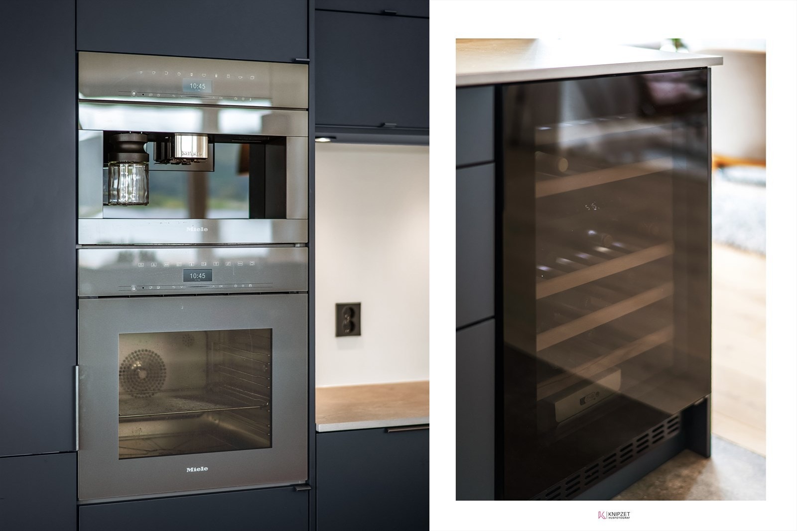 Høyskap med integrert stekeovn, kaffemaskin og vinskap fra Miele. Galleribilde